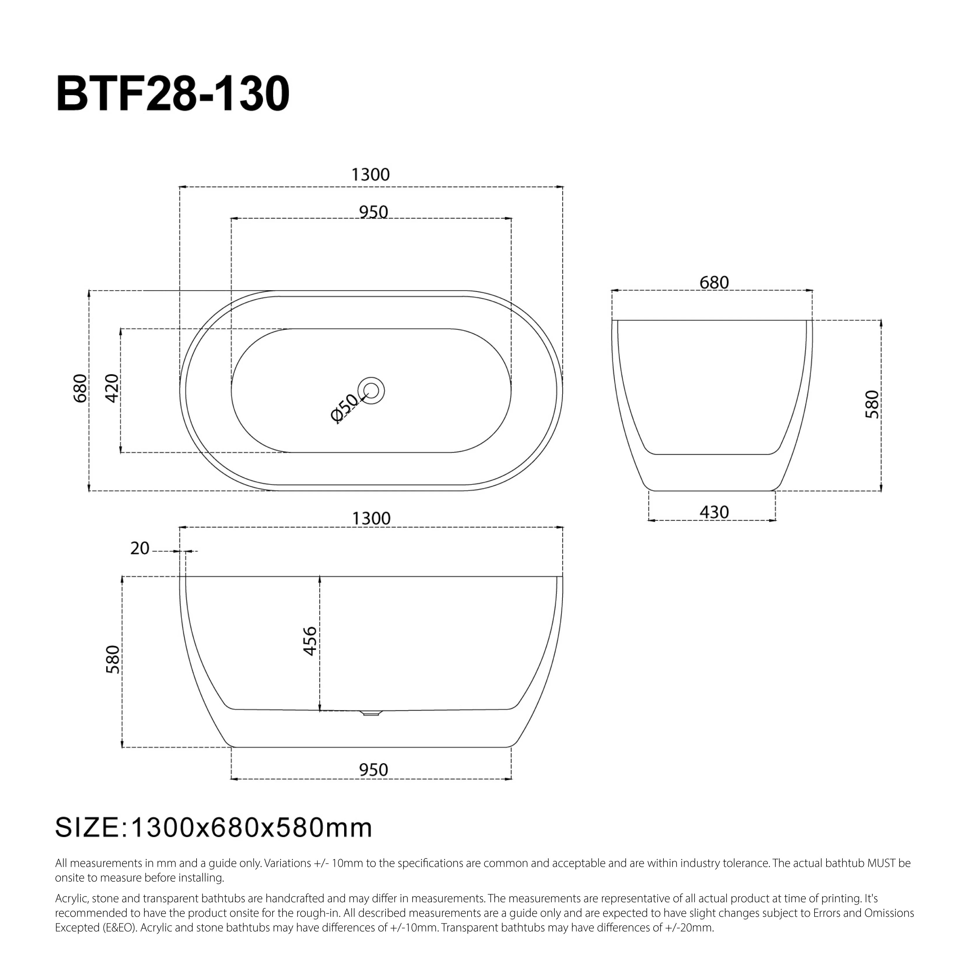Ciao 1300mm Small Free Standing Acrylic Bathtub Gloss White - Image 5