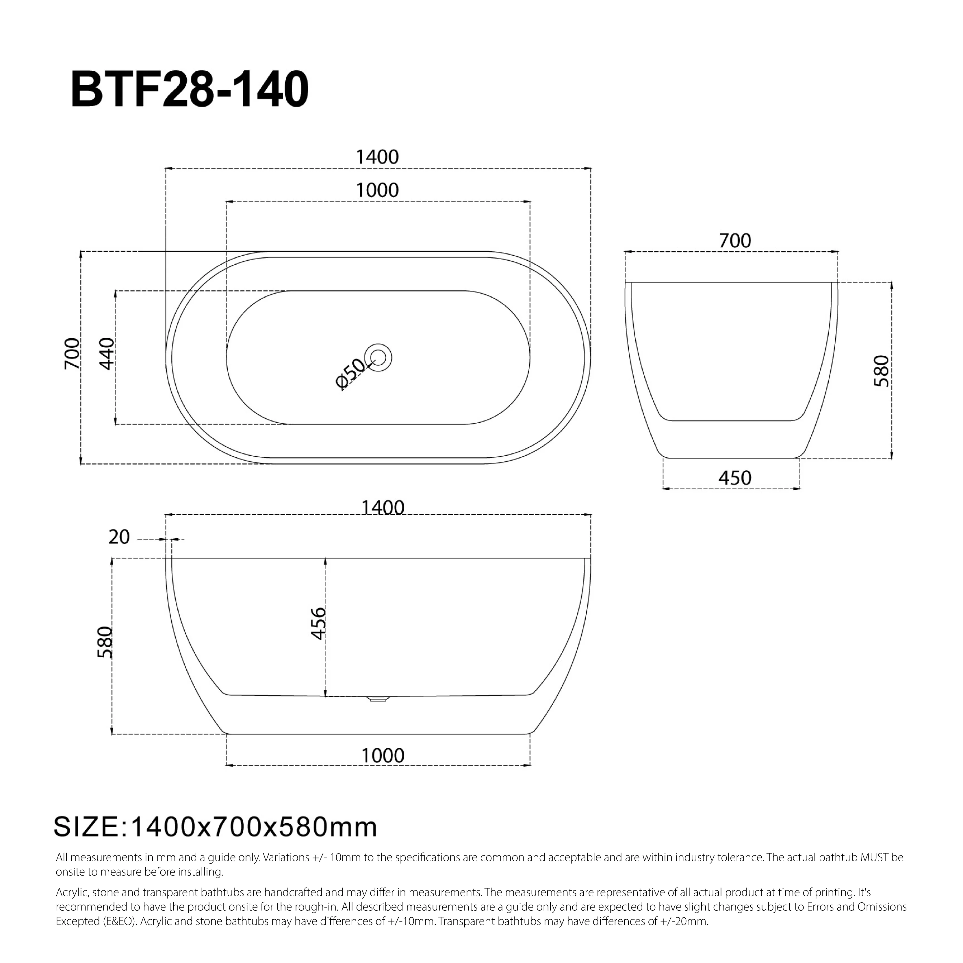 Ciao 1400mm Oval Free Standing Acrylic Bathtub Gloss White - Image 5