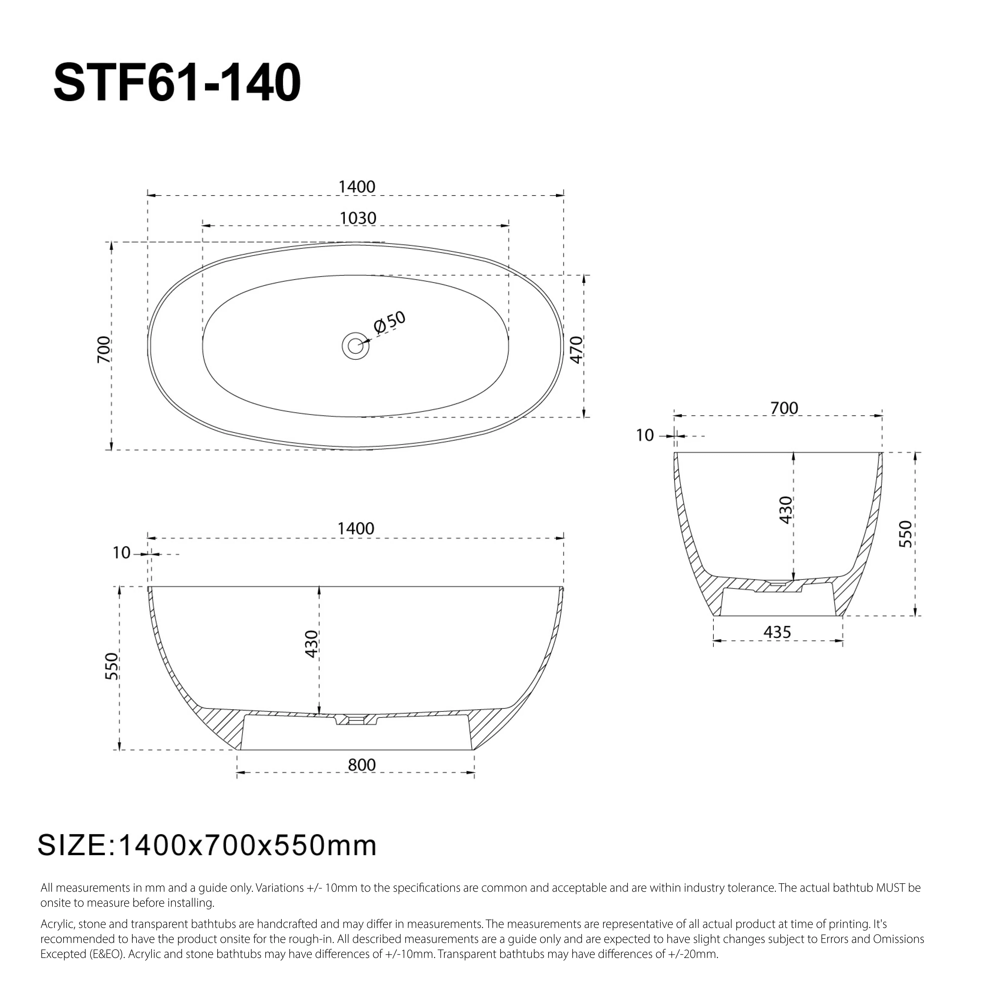 Clearance - DAWN 1400mm Stone Freestanding Bathtub Matte White - Image 4
