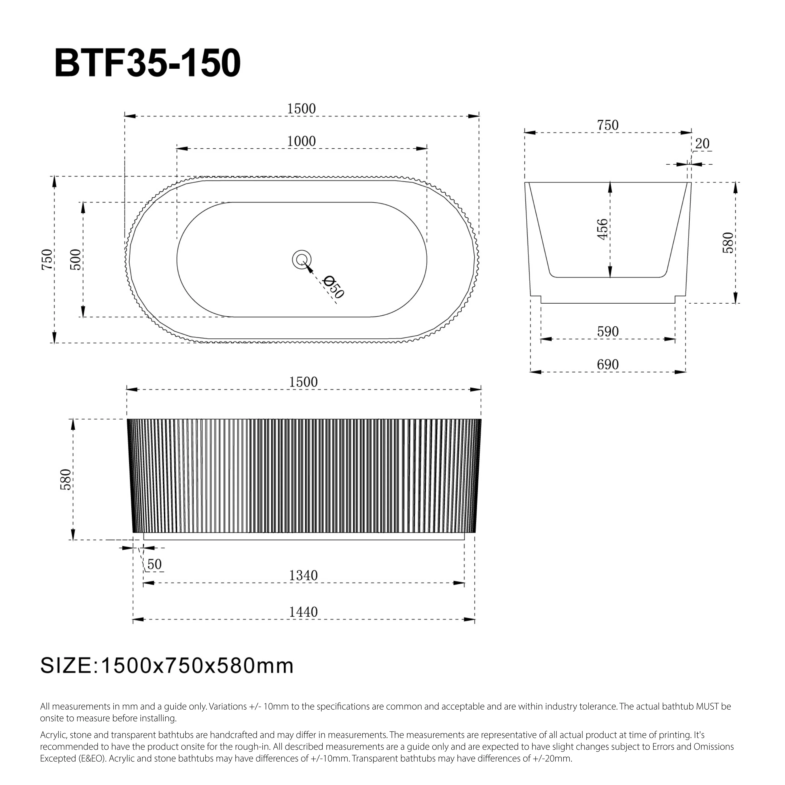 Clearance - OPAL 1500mm V-Groove Fluted Oval Free Standing Bathtub Matte White - Image 4