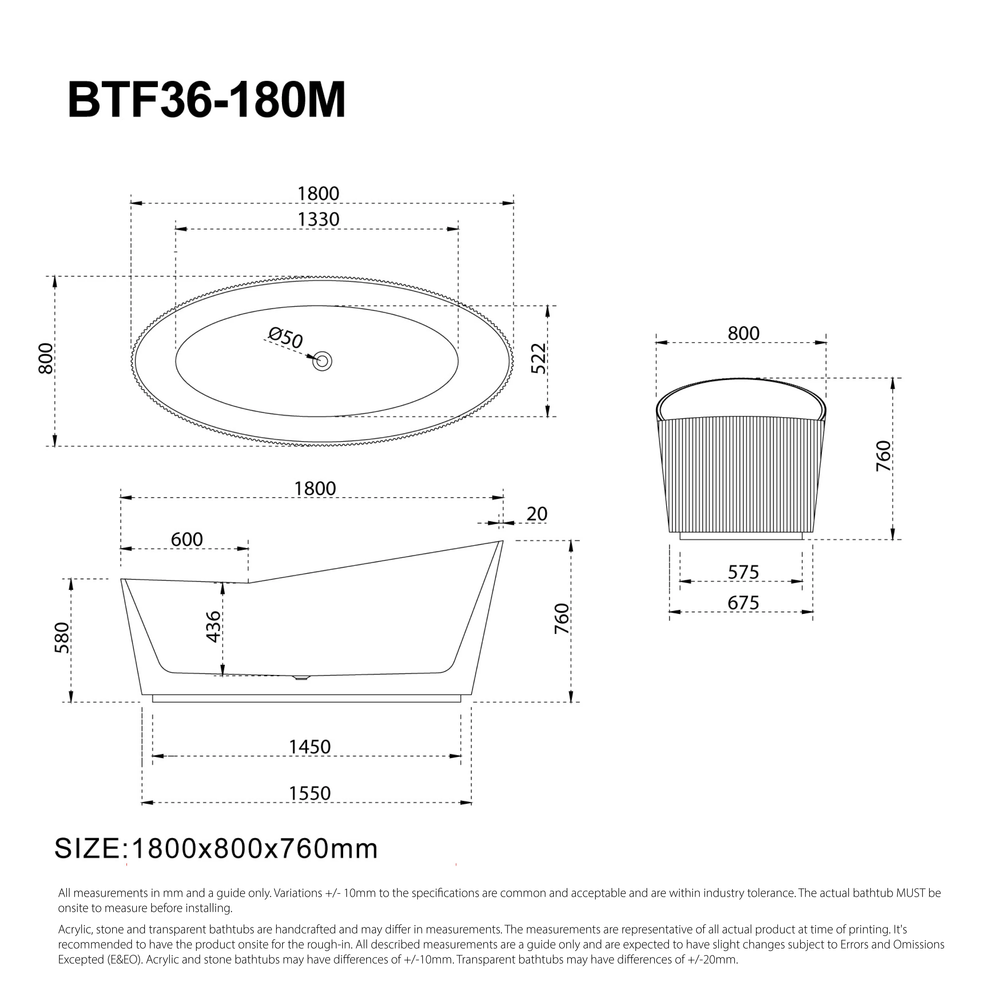 Clearance - Helena 1800mm V-Groove Fluted Large Free Standing Bathtub Matte White - Image 4