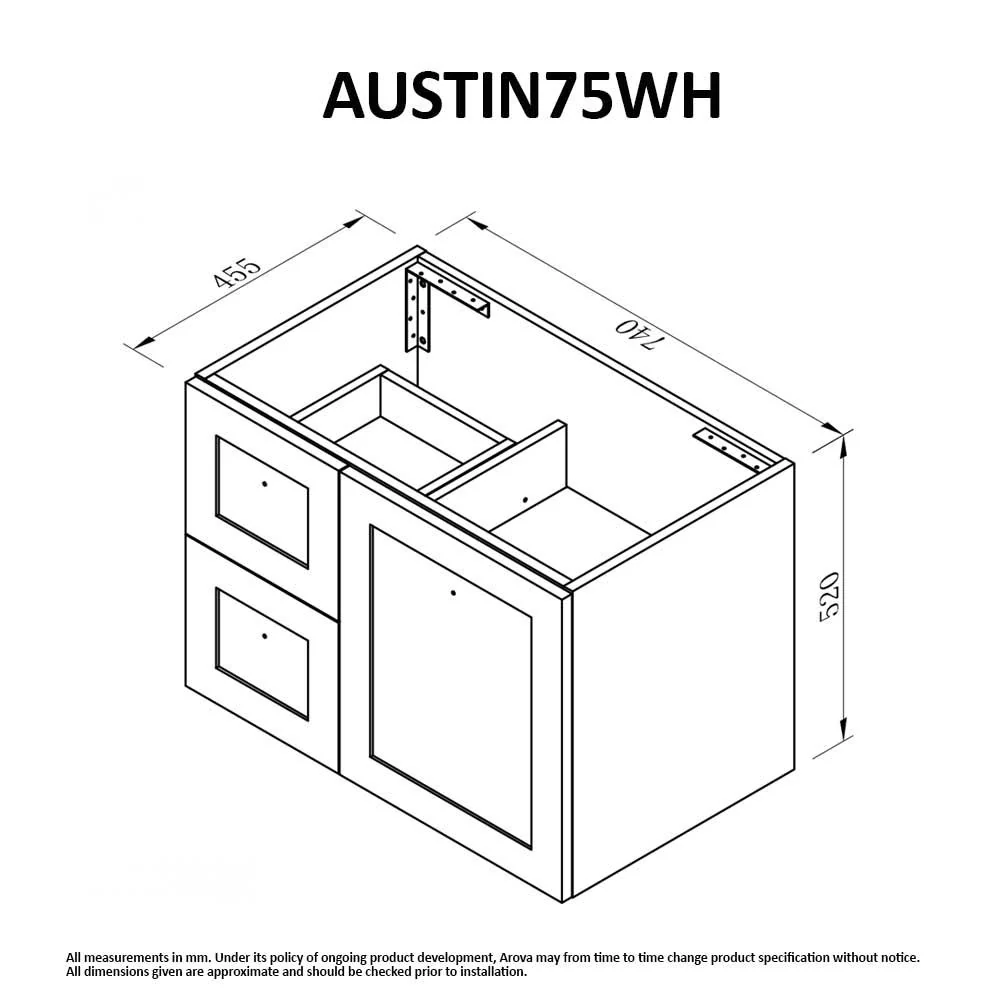 Clearance - AUSTIN 750mm Wall Hung Bathroom Vanity Left Hand Side - Image 8