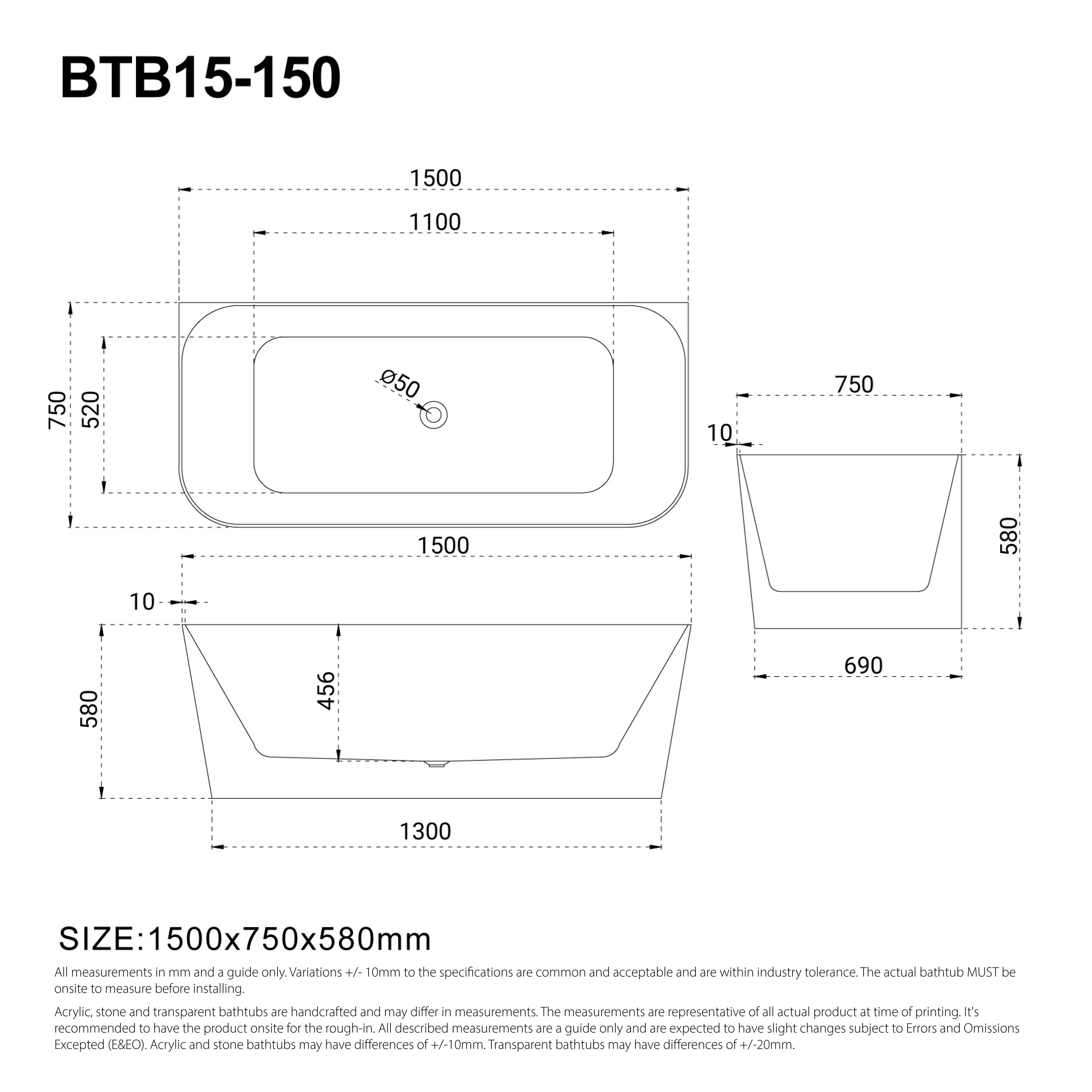 CLIO 1500mm Back to Wall Free Standing Bath Gloss White - Image 4