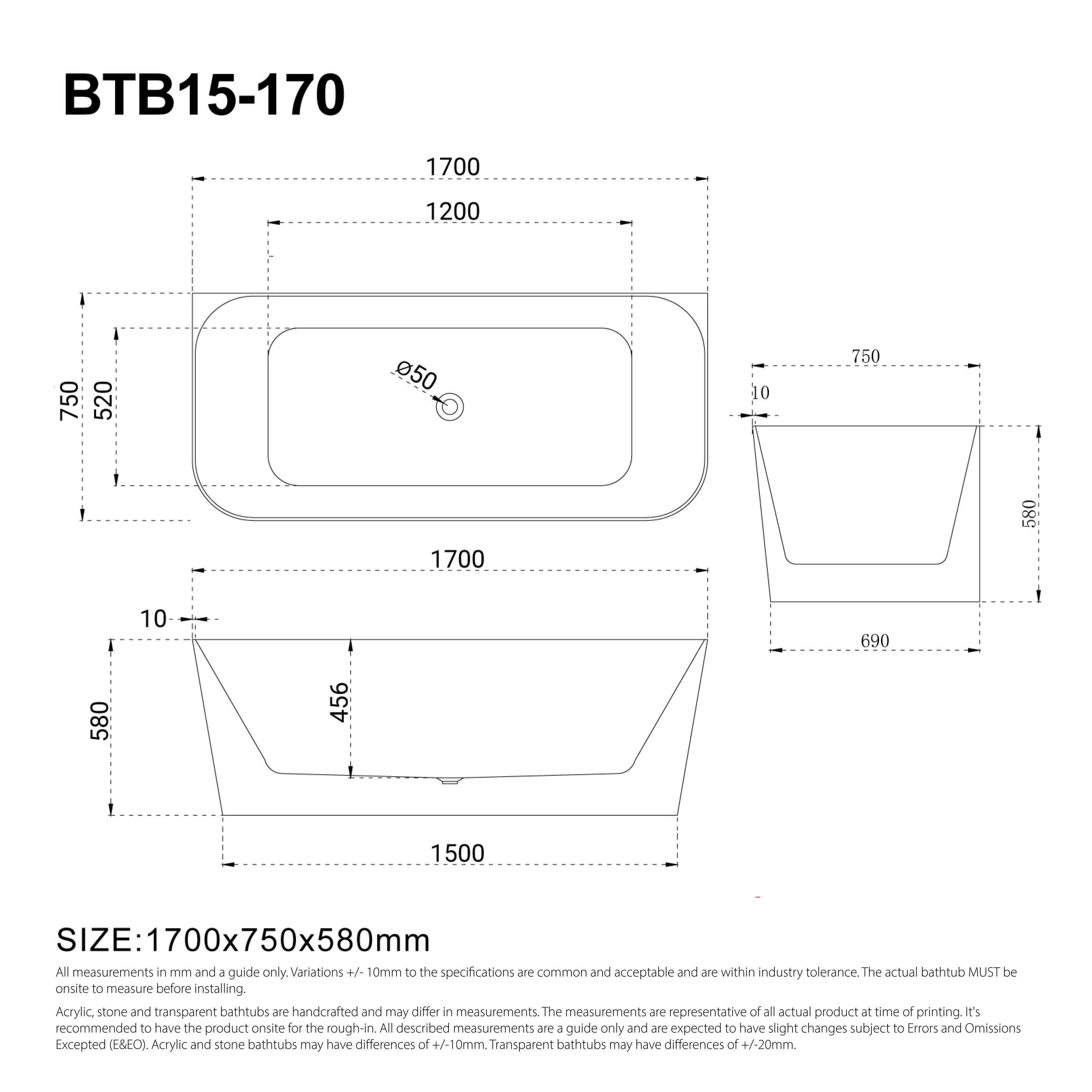 CLIO 1700mm Back to Wall Free Standing Bath Matte White - Image 3