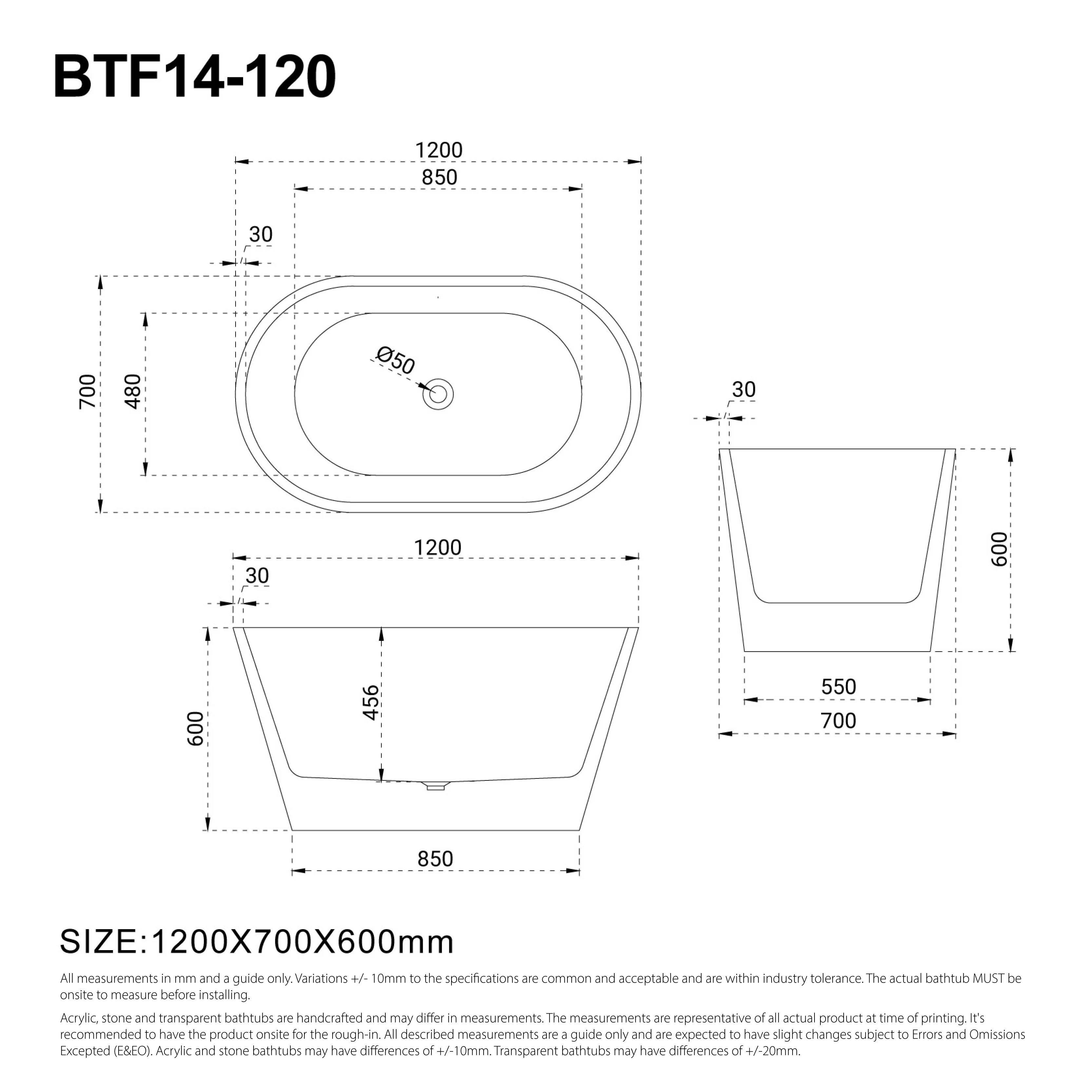 CORA 1200mm Small Oval Freestanding Bath Gloss White - Image 3