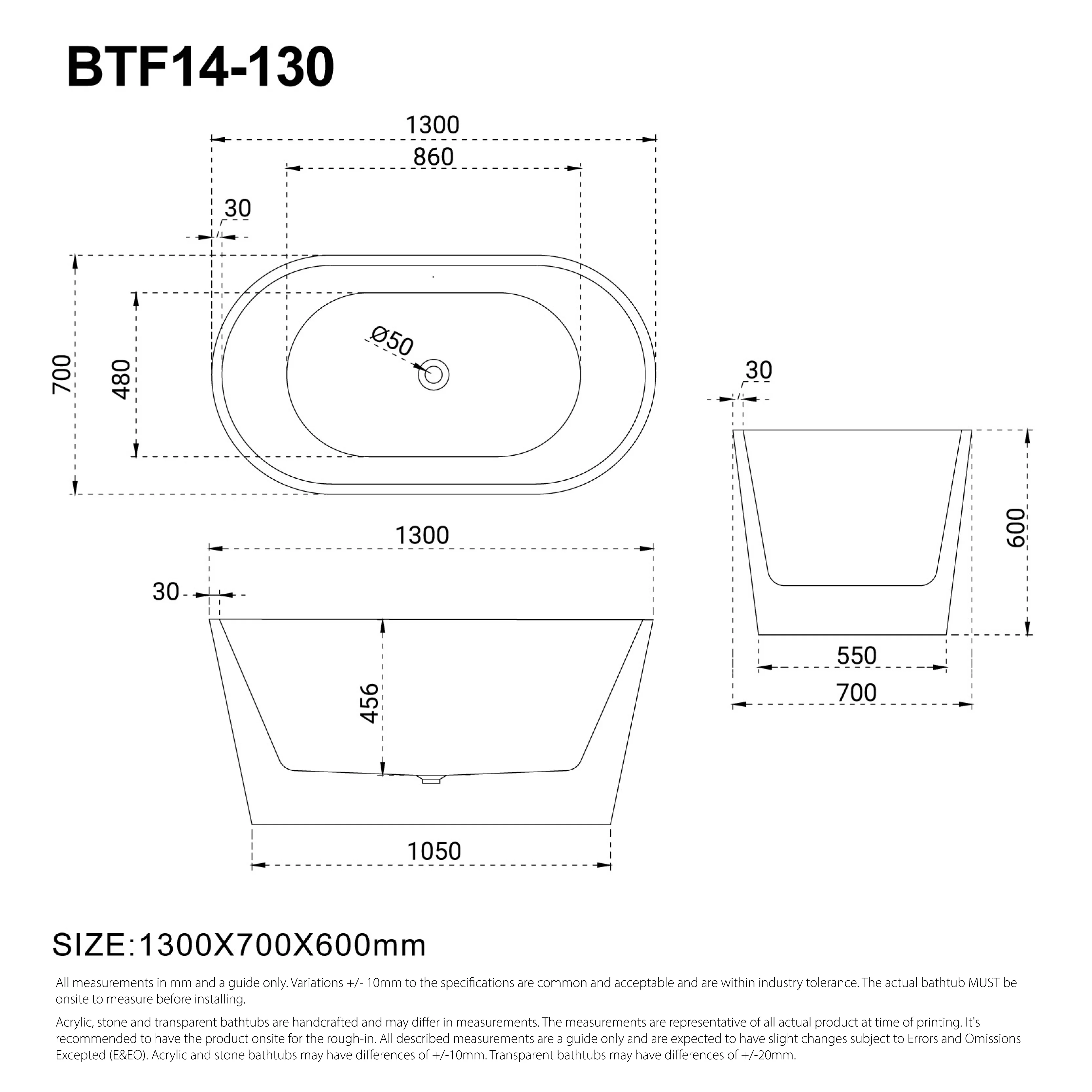 CORA 1300mm Small Oval Freestanding Bath Gloss White - Image 3