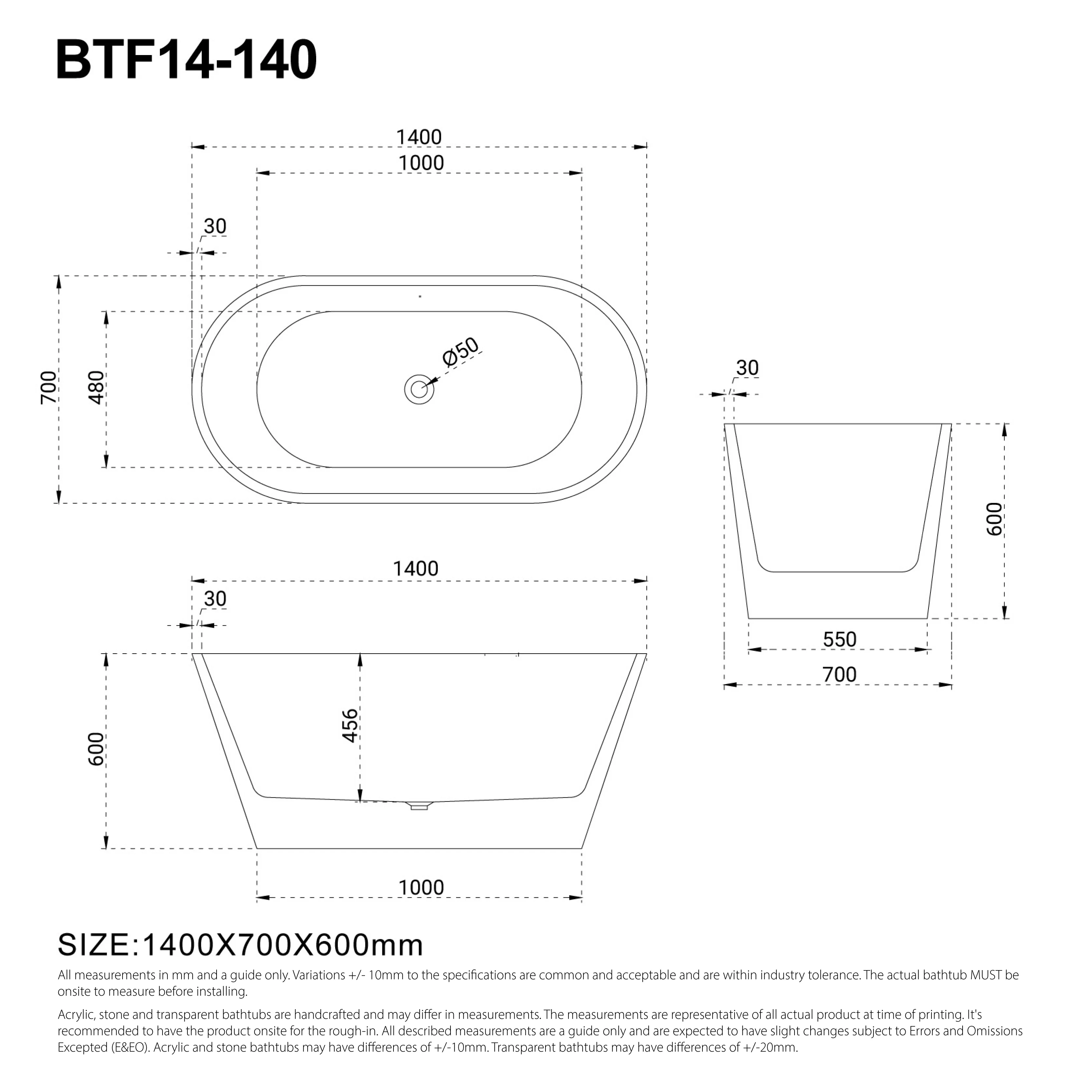 CORA 1400mm Oval Freestanding Bath Gloss White - Image 3