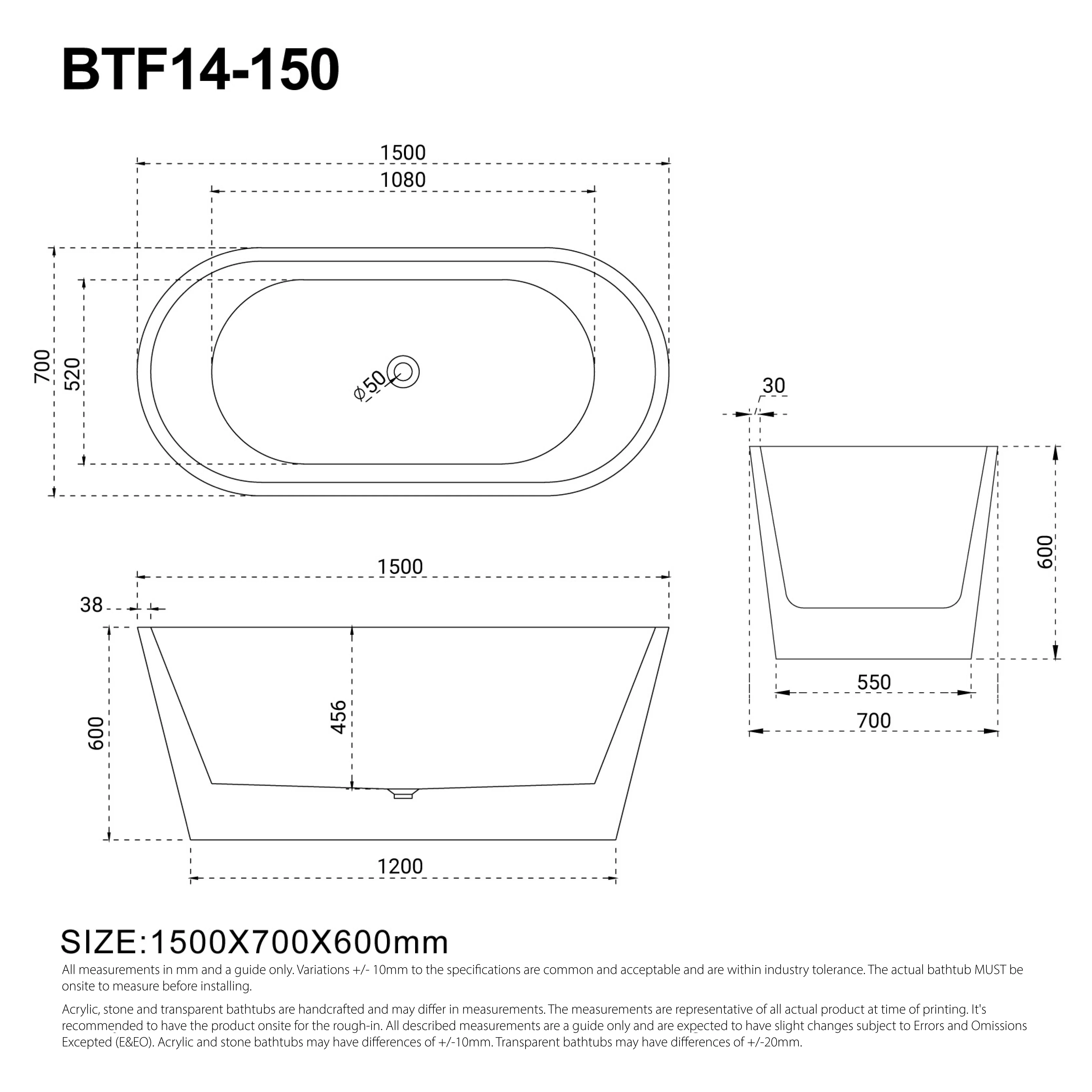 CORA 1500mm Oval Freestanding Bath Gloss White - Image 3
