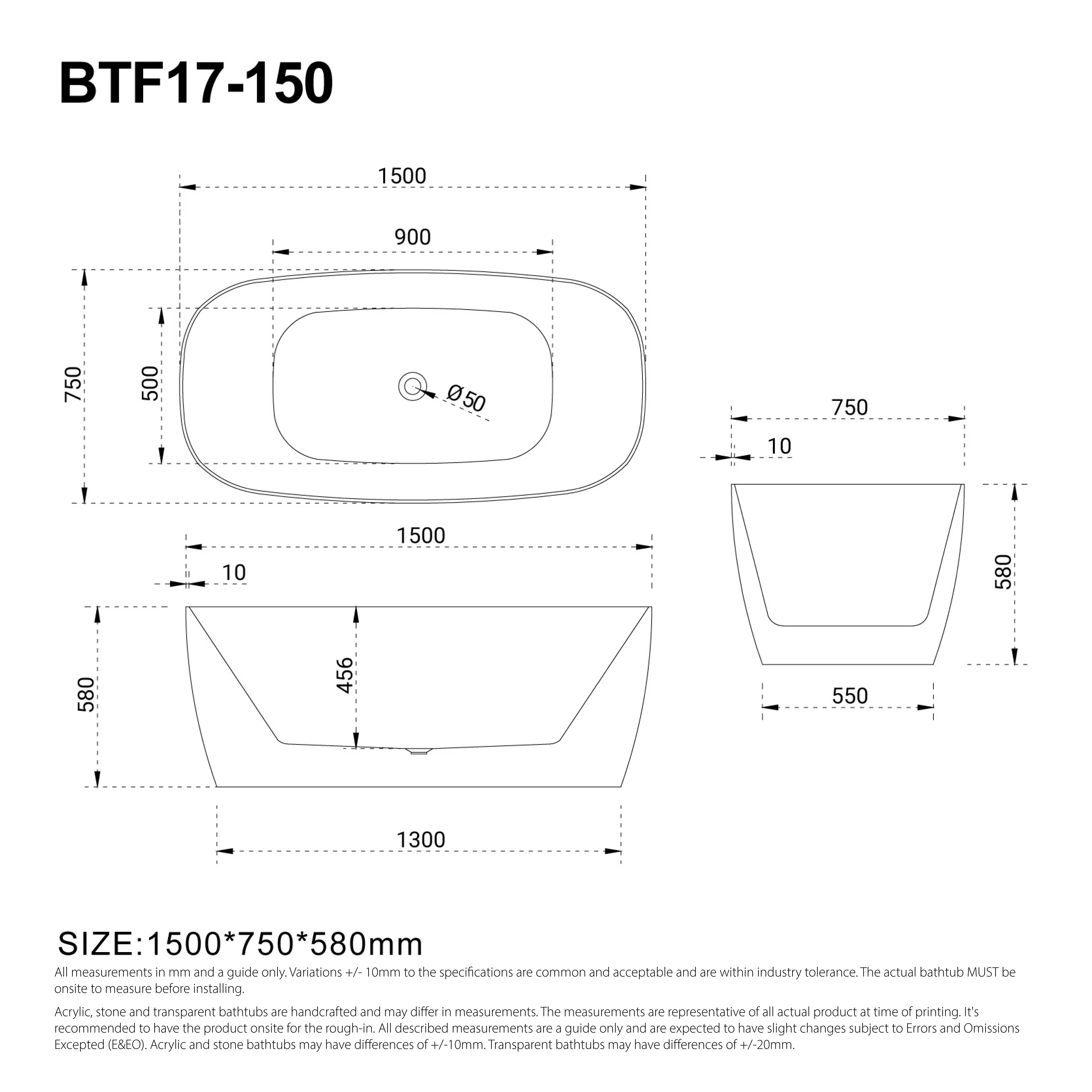 Clearance - DANA 1500mm Oval Freestanding Bathtub Gloss White - Image 5