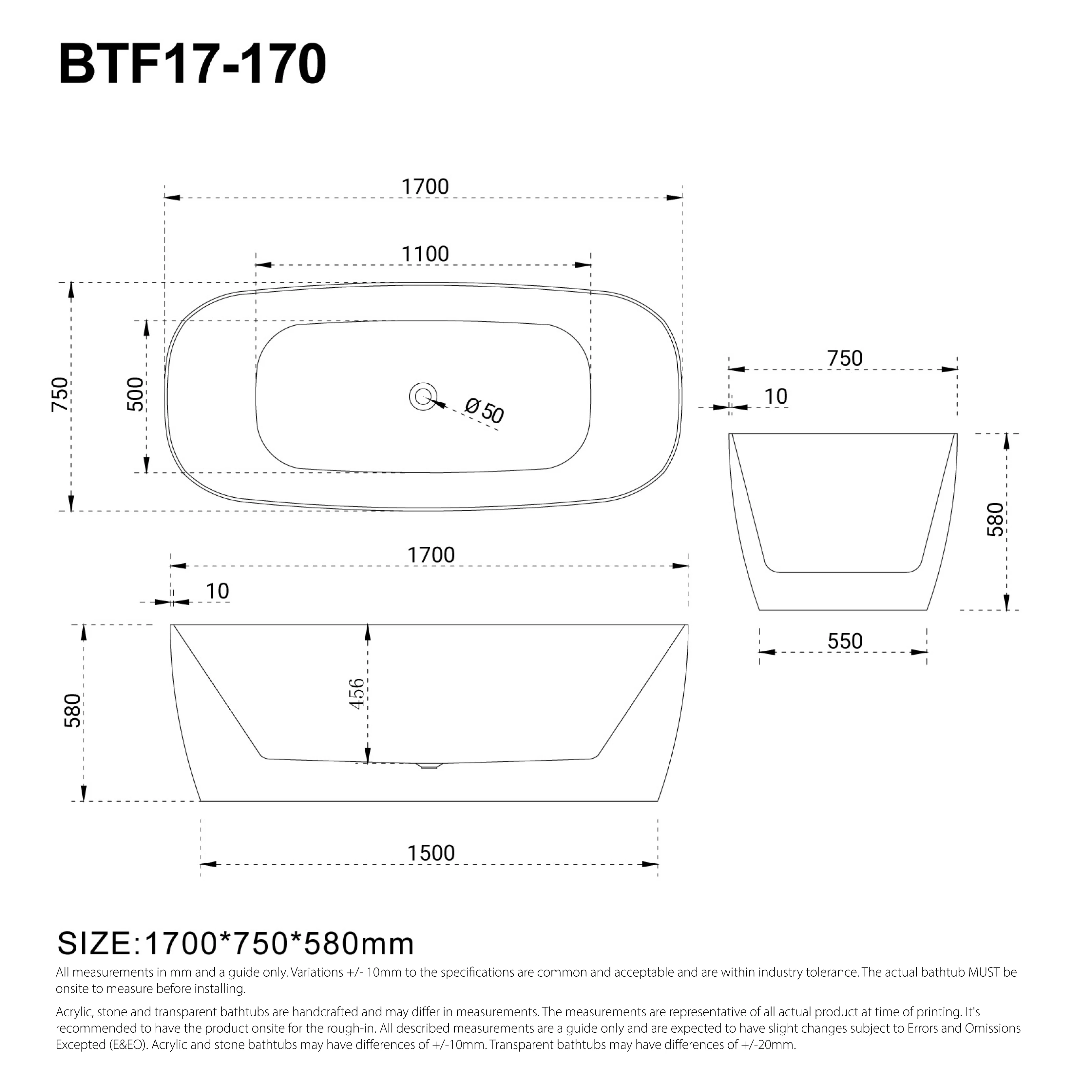 Clearance - DANA 1700mm Oval Freestanding Bathtub Gloss White - Image 5