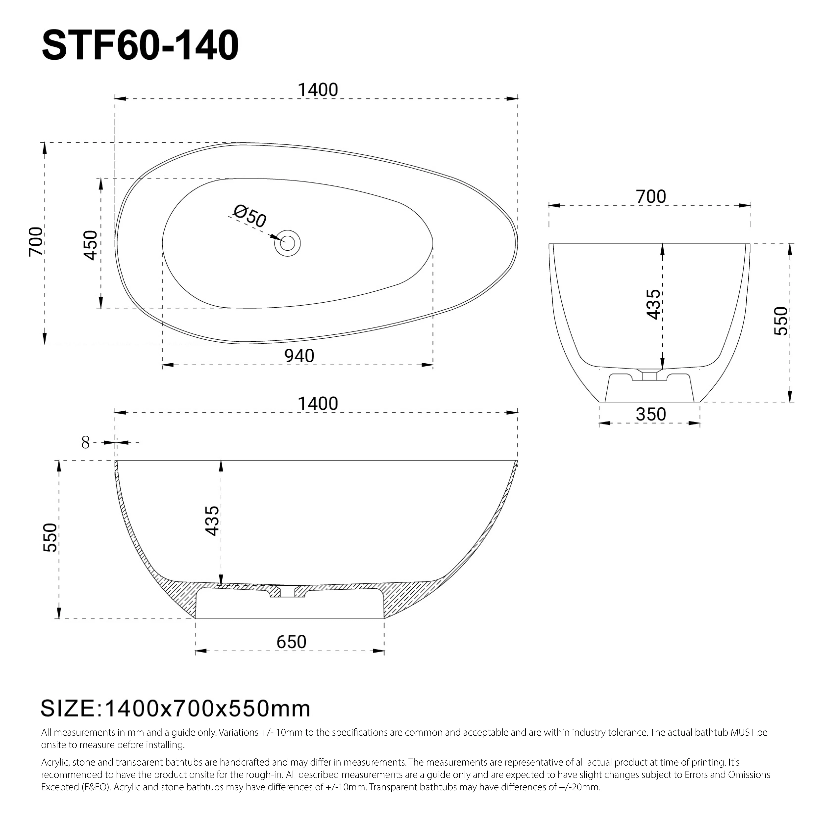 Clearance - FINN 1400mm Egg Shape Stone Bath Matte White - Image 3
