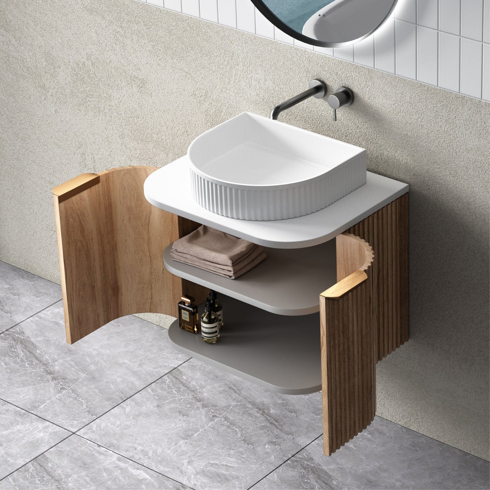 Hadley 600mm Curved Fluted Wall Hung Vanity Timber Veneer - Image 3