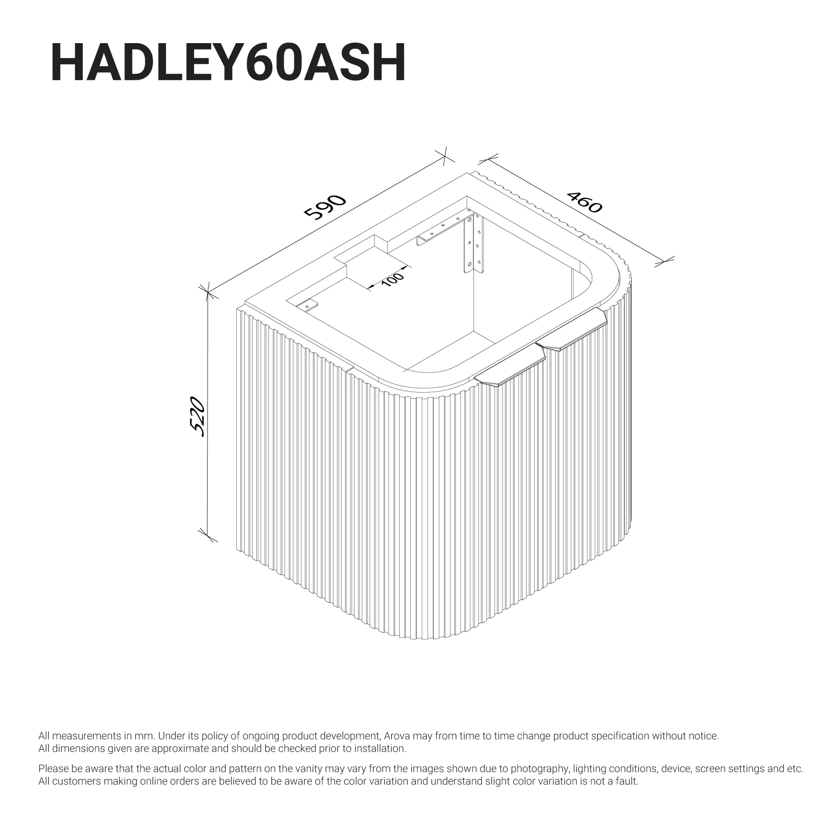 Hadley 600mm Curved Fluted Wall Hung Vanity Timber Veneer - Image 5