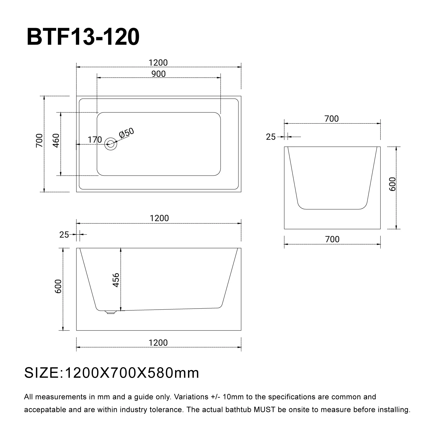 LEX 1200mm Small Square Freestanding Bath Gloss White - Image 4