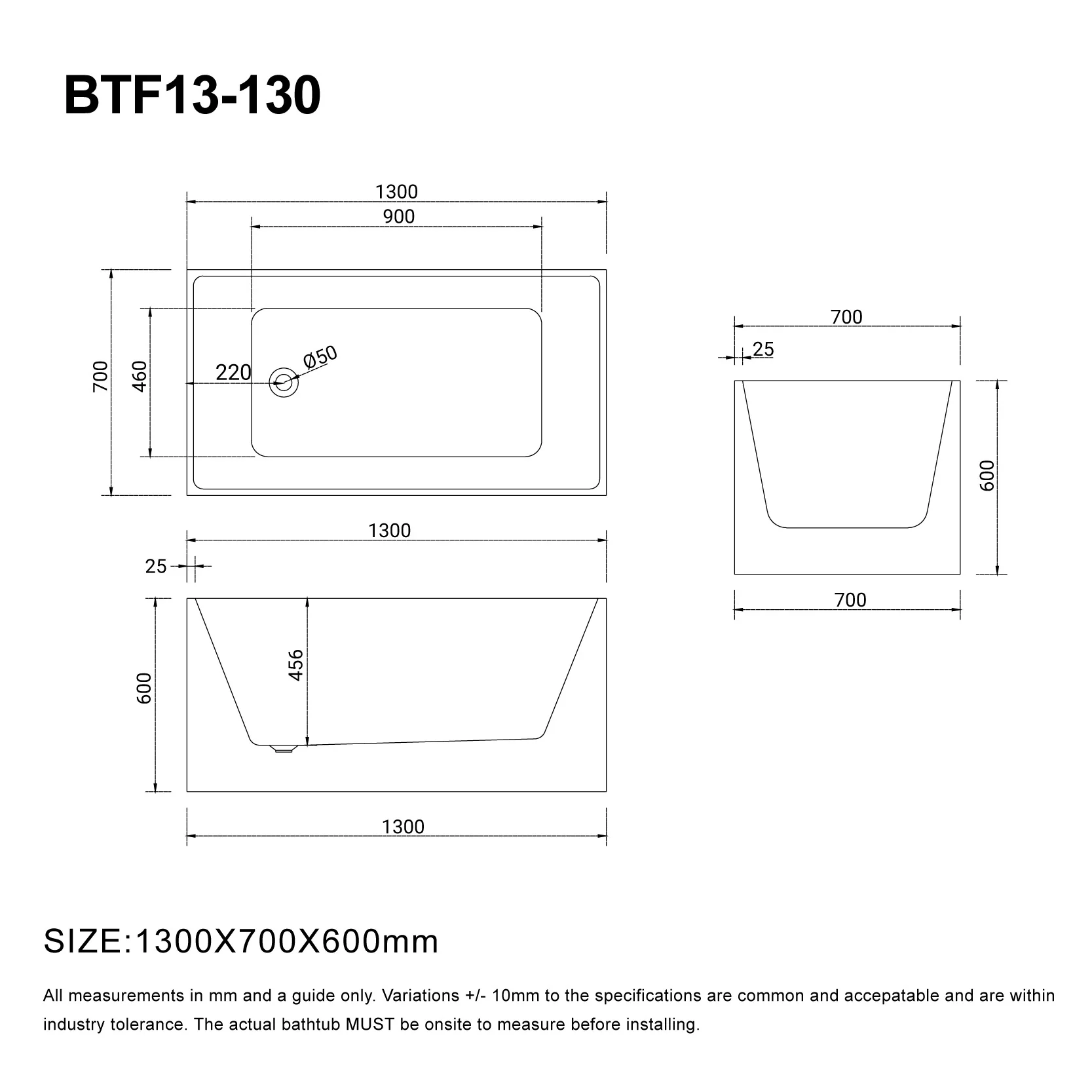 LEX 1300mm Small Square Freestanding Bath Gloss White - Image 4