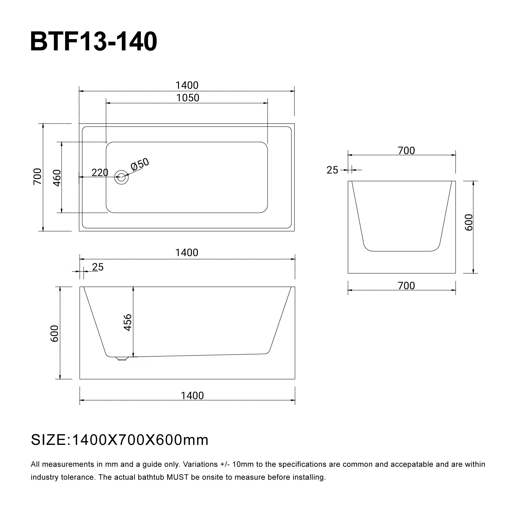 LEX 1400mm Square Freestanding Bath Gloss White - Image 4