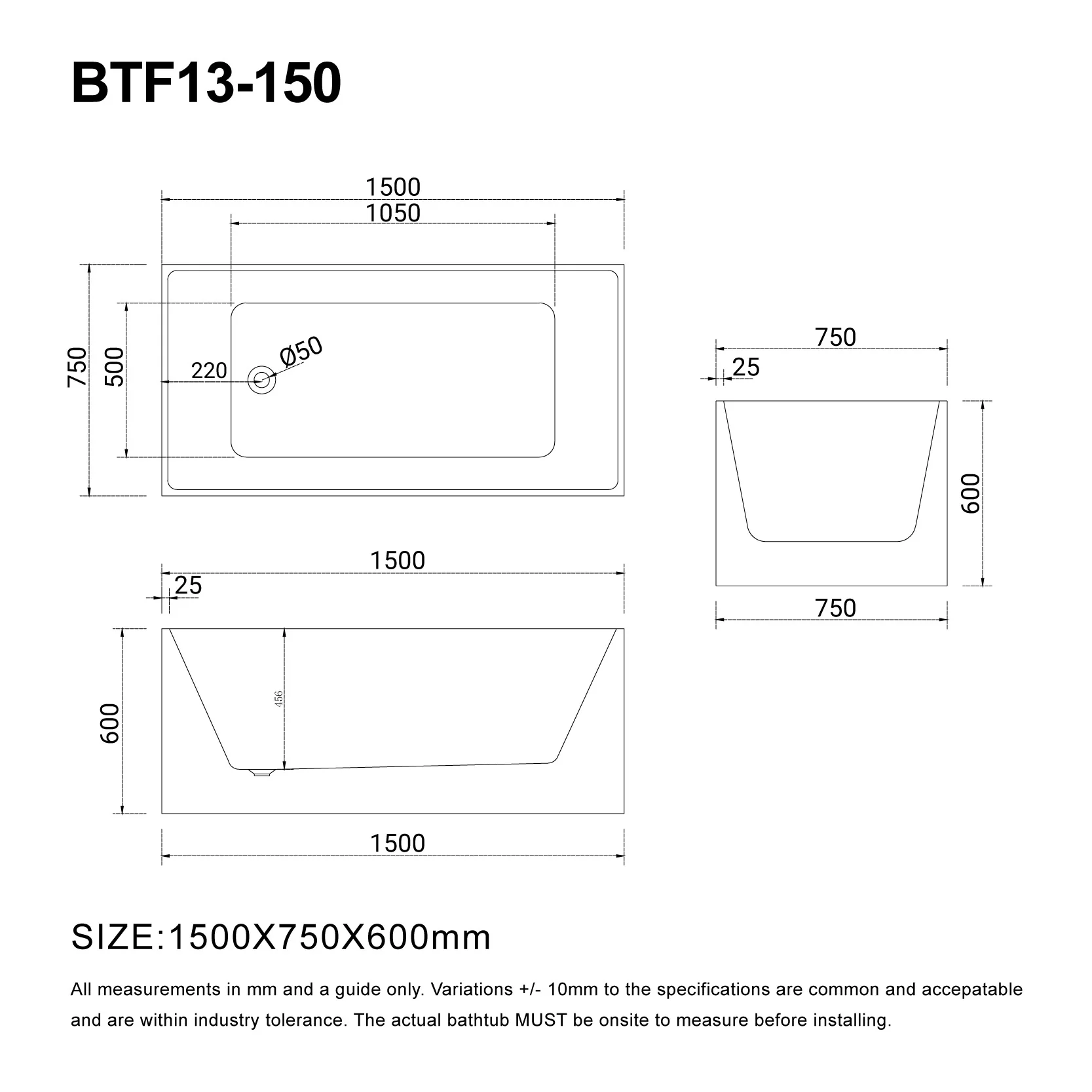 LEX 1500mm Square Freestanding Bath Gloss White - Image 4