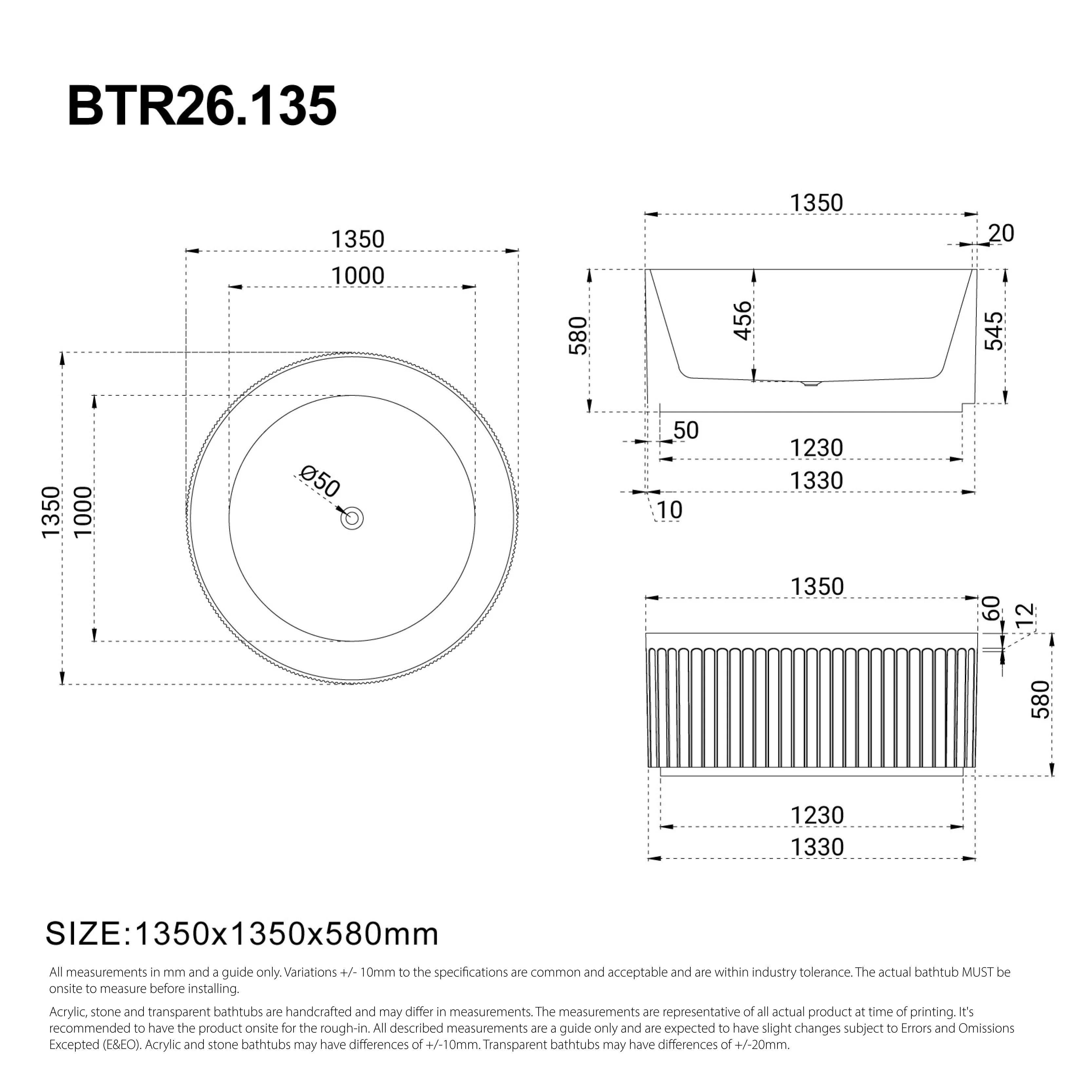 MELO 1350mm Round Fluted Freestanding Bathtub Matte White - Image 4