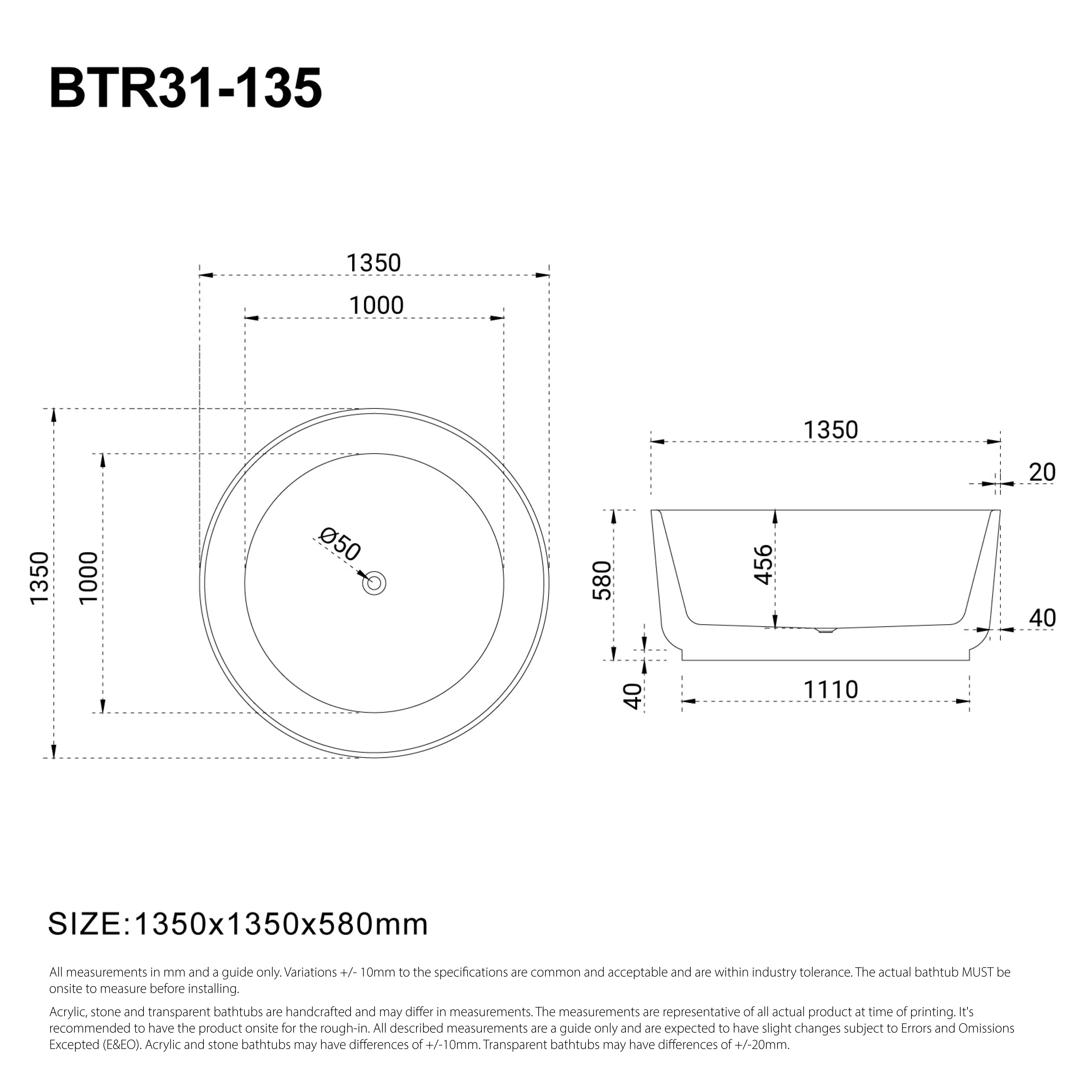 NOVA 1350mm Round Freestanding Bath Gloss White - Image 4