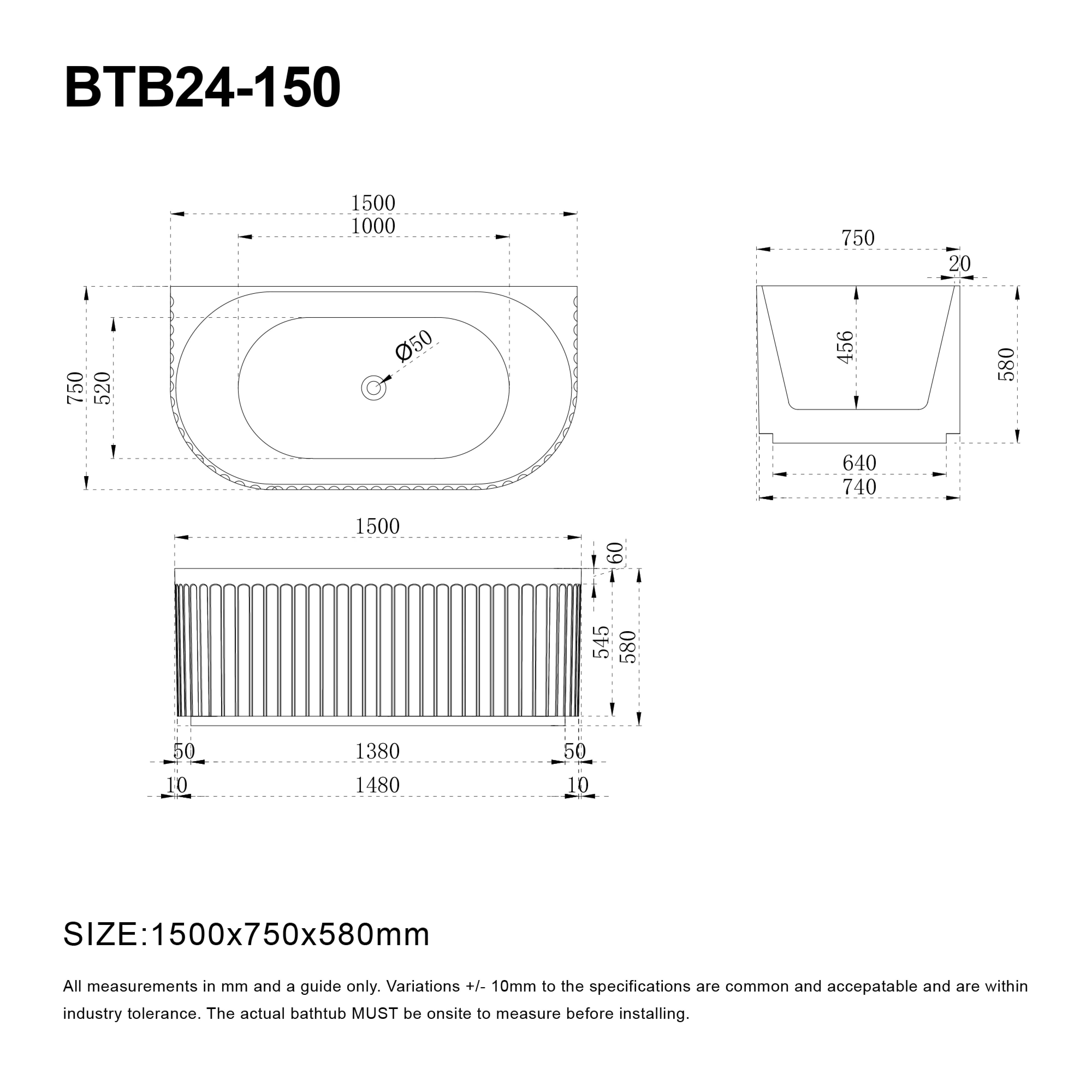OBI 1500mm Fluted Back to Wall Free Standing Bath Gloss White - Image 4