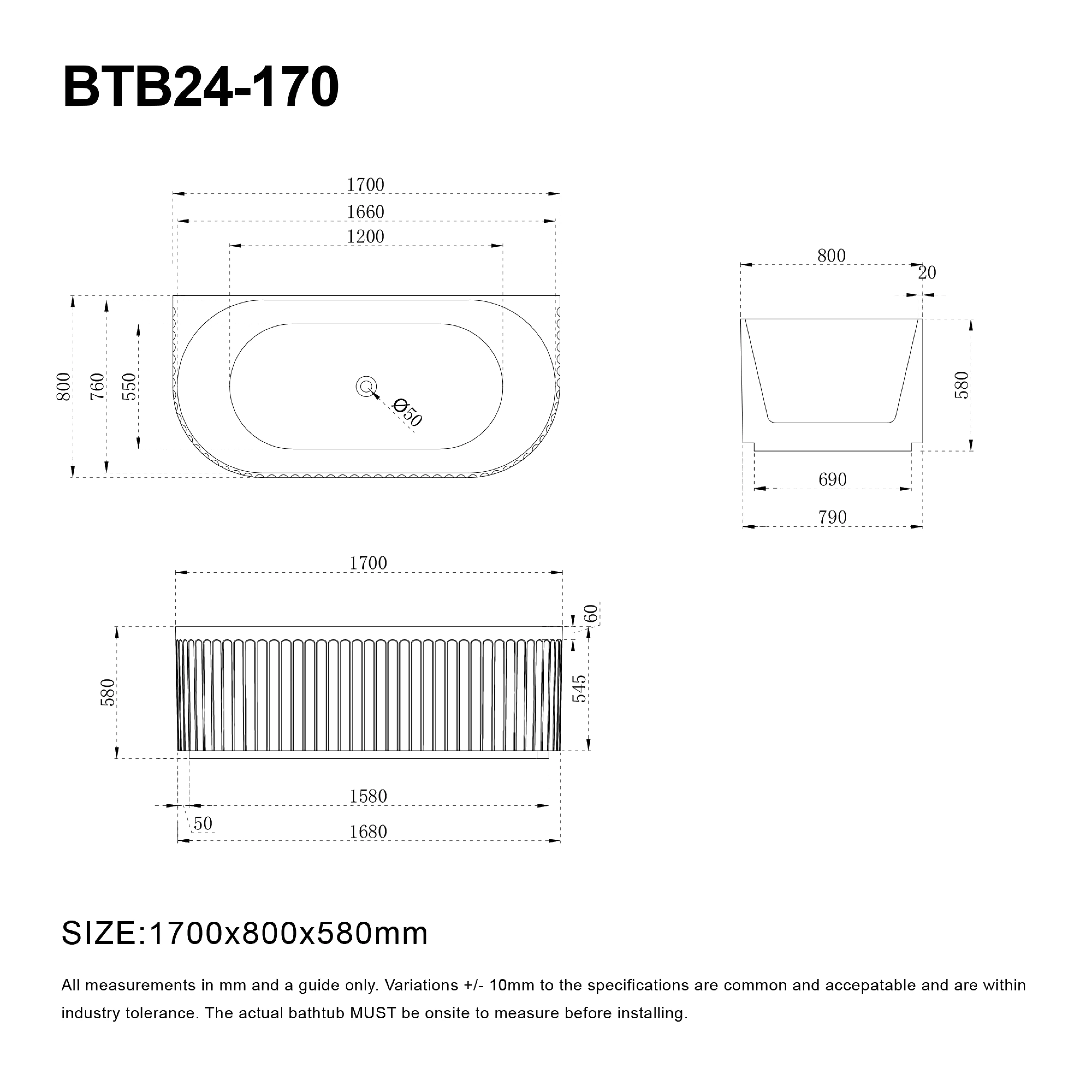 OBI 1700mm Fluted Back to Wall Free Standing Bath Gloss White - Image 4