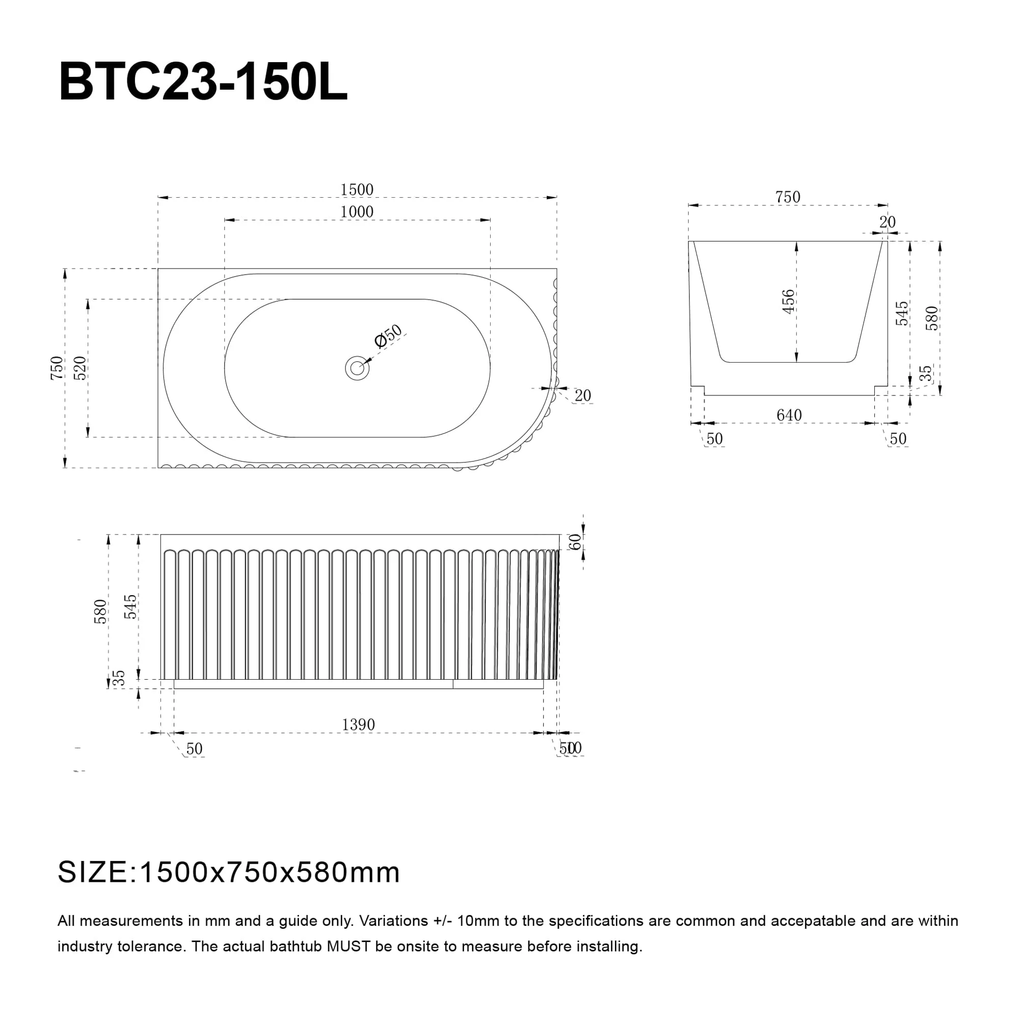 OLA 1500mm Fluted Oval Left Hand Corner Freestanding Bathtub Gloss White - Image 4