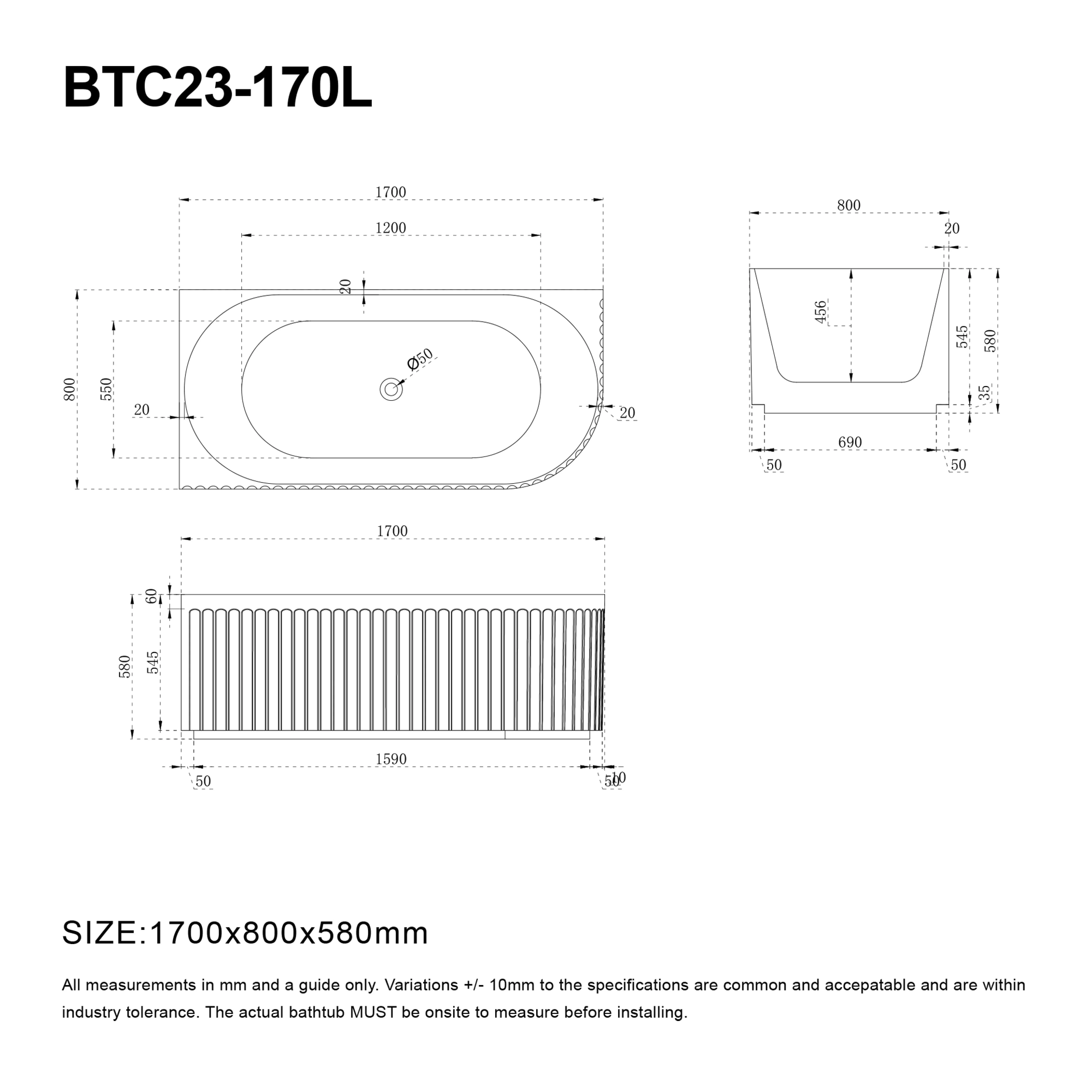 OLA 1700mm Fluted Oval Left Hand Corner Free Standing Bathtub Gloss White - Image 4