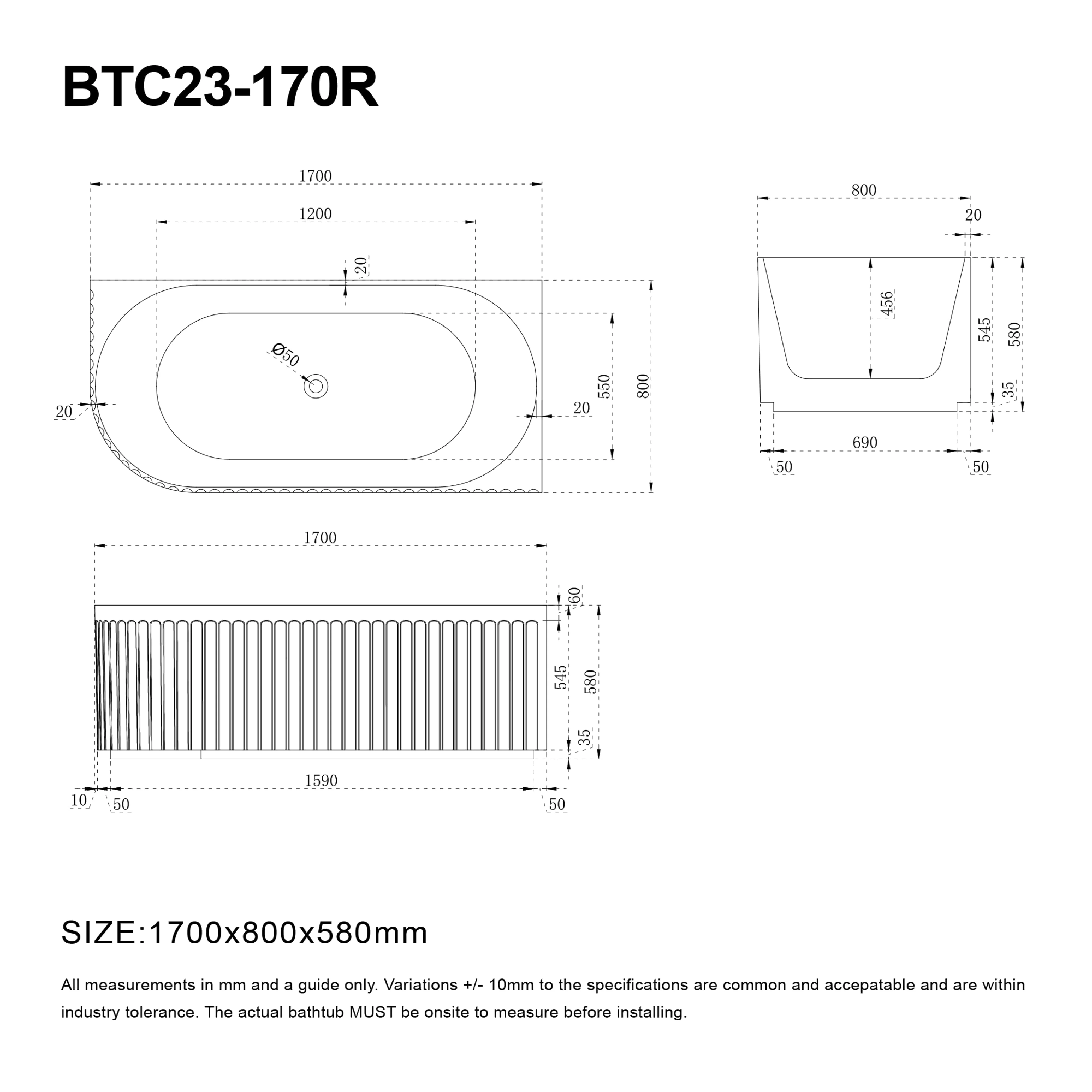 OLA 1700mm Fluted Oval Right Hand Corner Free Standing Bathtub Gloss White - Image 4