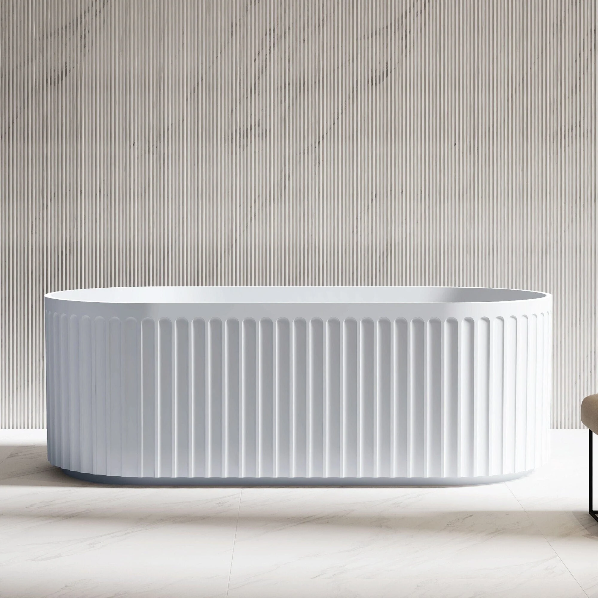 ORI 1500mm V Groove Fluted Freestanding Bathtub Gloss White - Image 4