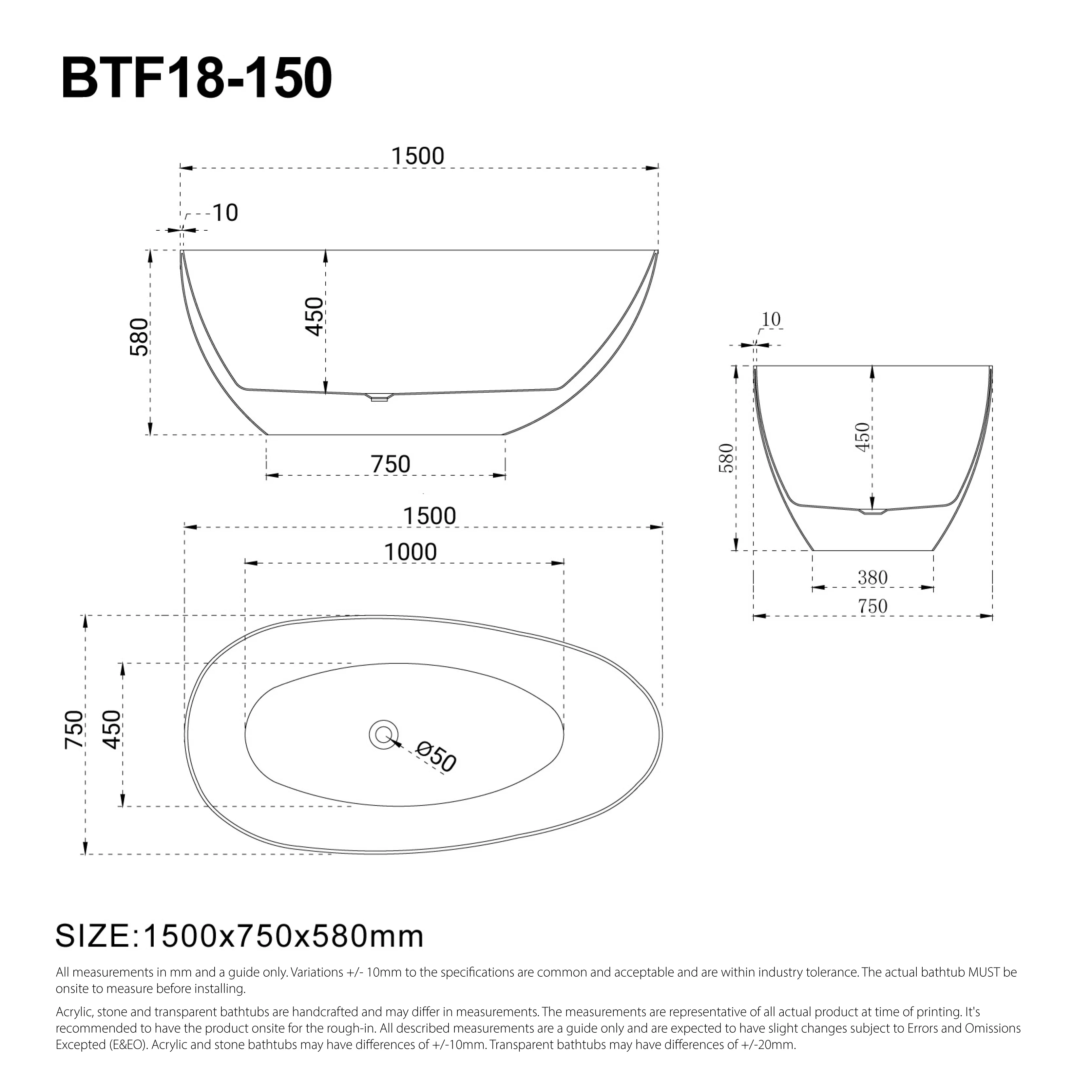 RUBI 1500mm Egg Shape Oval Freestanding Bath Matte White - Image 4