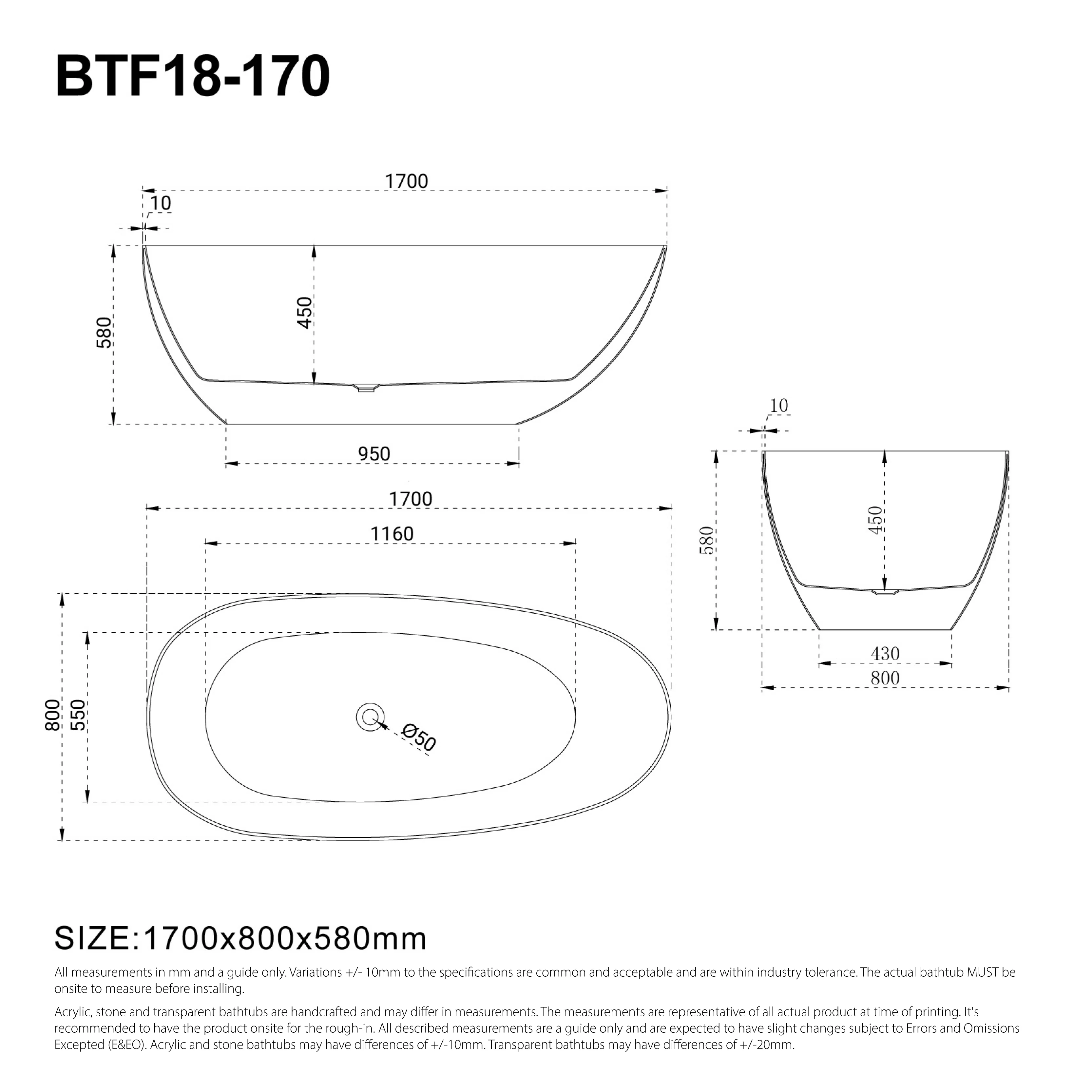 RUBI 1700mm Egg Shape Oval Freestanding Bath Gloss White - Image 4