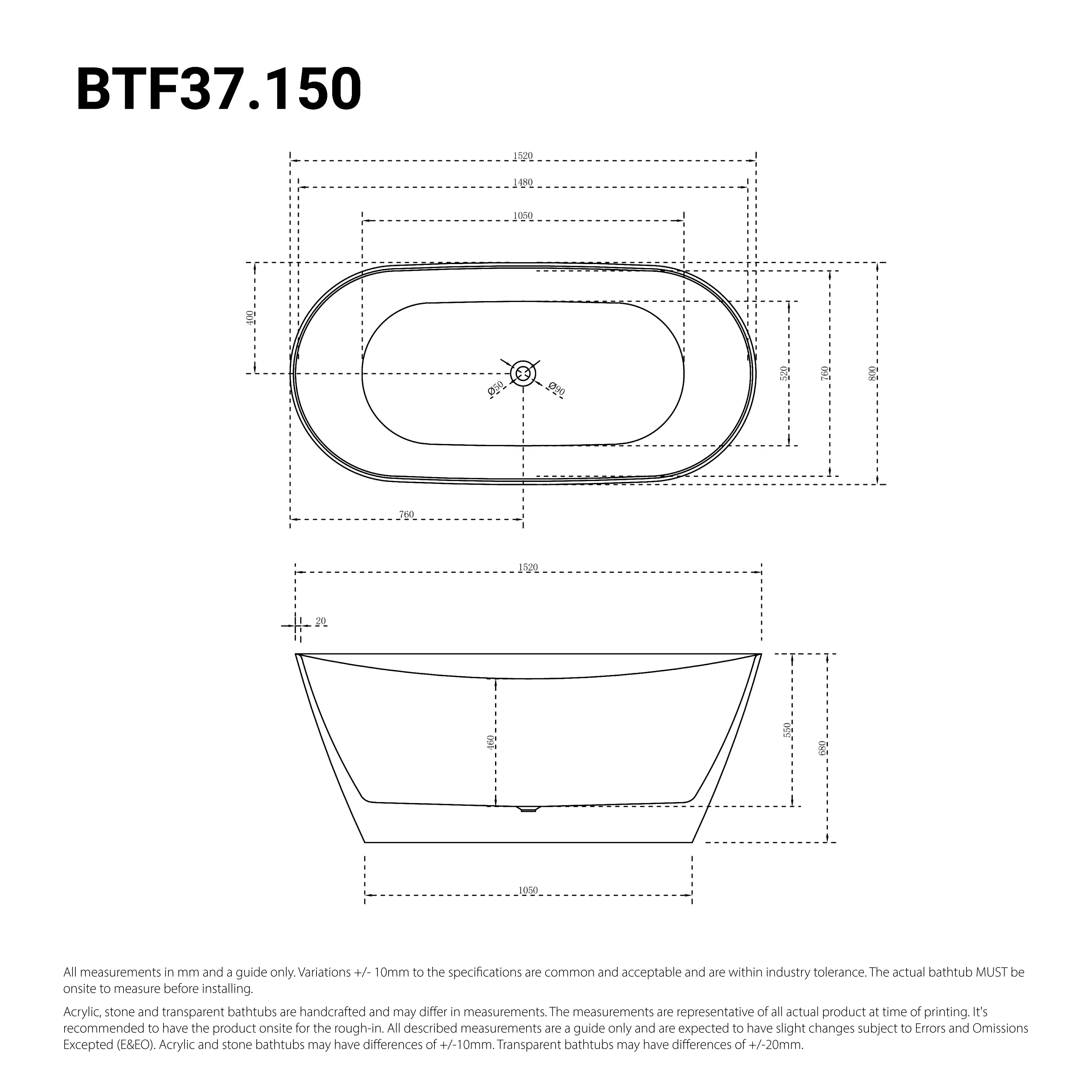 Serene 1500mm Freestanding Bathtub Gloss White - Image 4