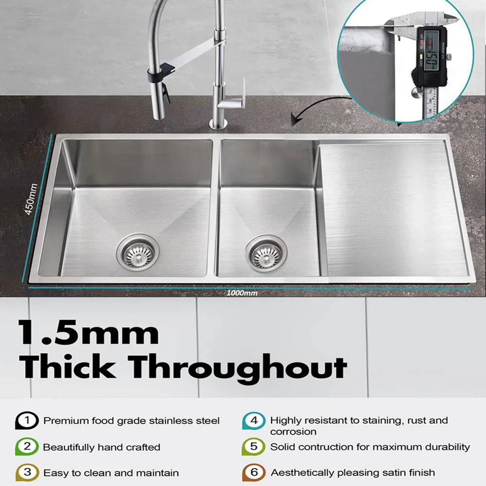 ULTIMO 1.5mm 1000W x 450D 1 1/2 Bowl Handmade Kitchen Sink with Drainer Top Undermount - SSD1045 - Image 4