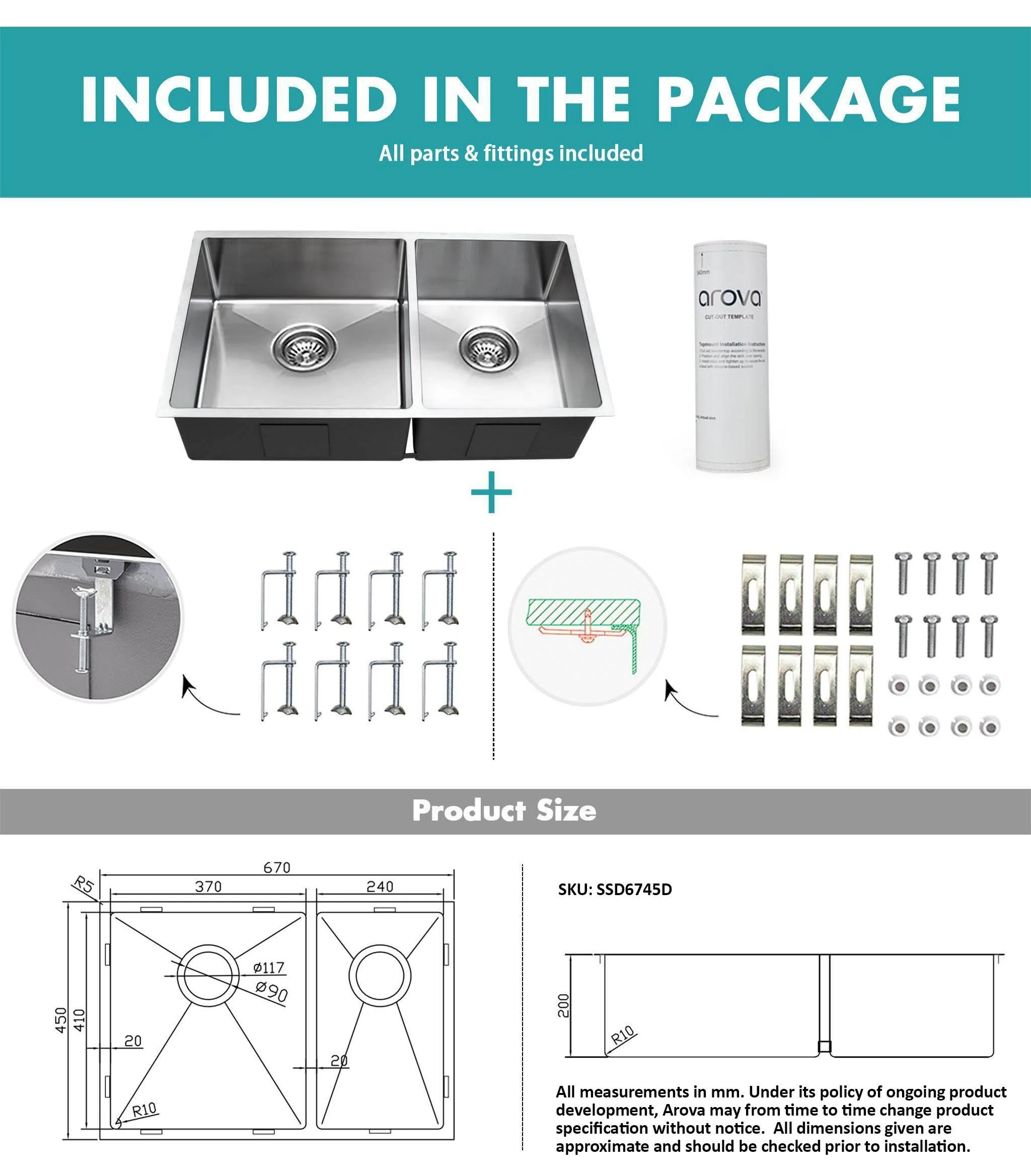ULTIMO 1.5mm 670W x 450D 1 1/2  Bowl Handmade Kitchen Sink Top Undermount - SSD6745D - Image 11