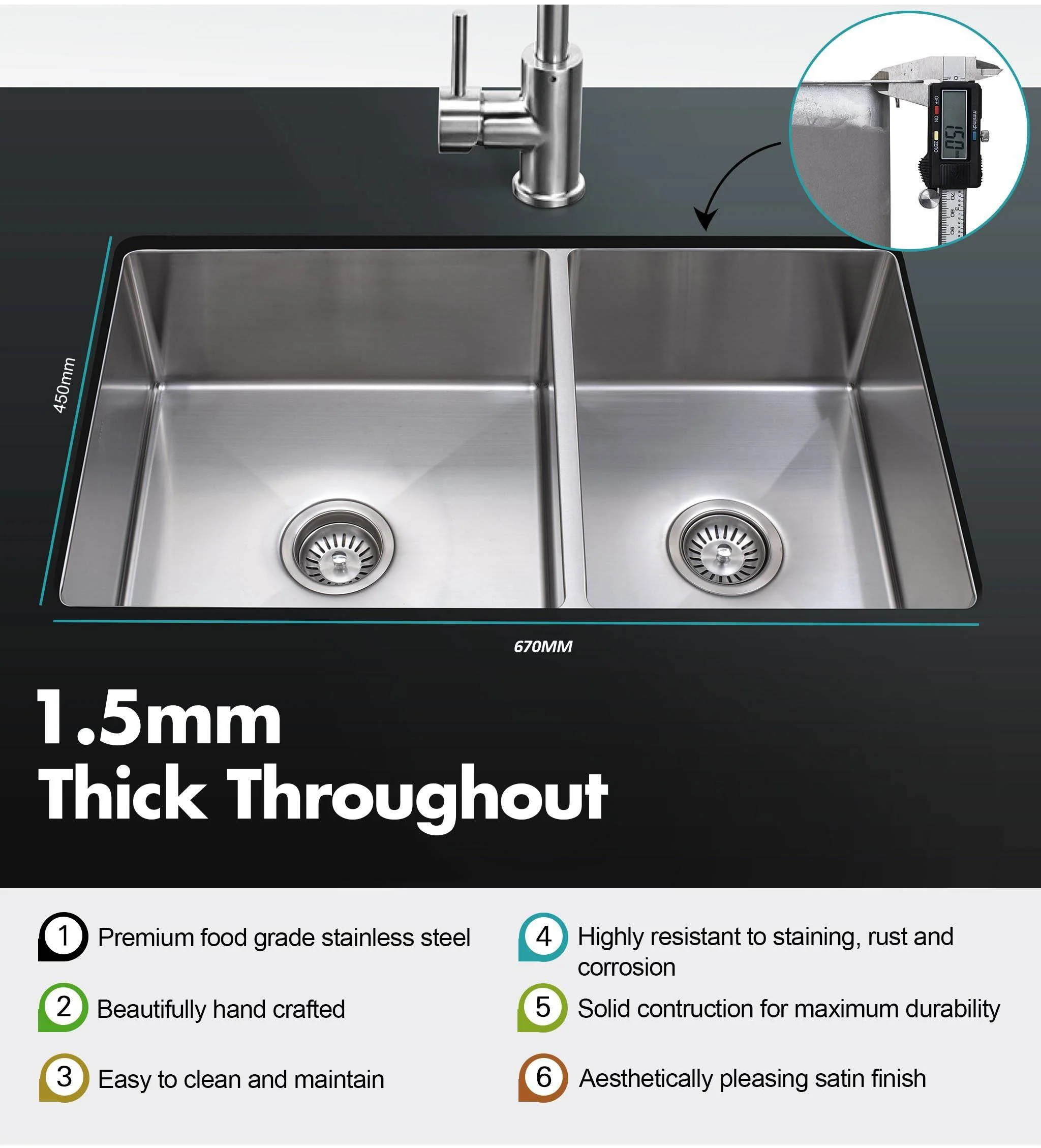 ULTIMO 1.5mm 670W x 450D 1 1/2  Bowl Handmade Kitchen Sink Top Undermount - SSD6745D - Image 4