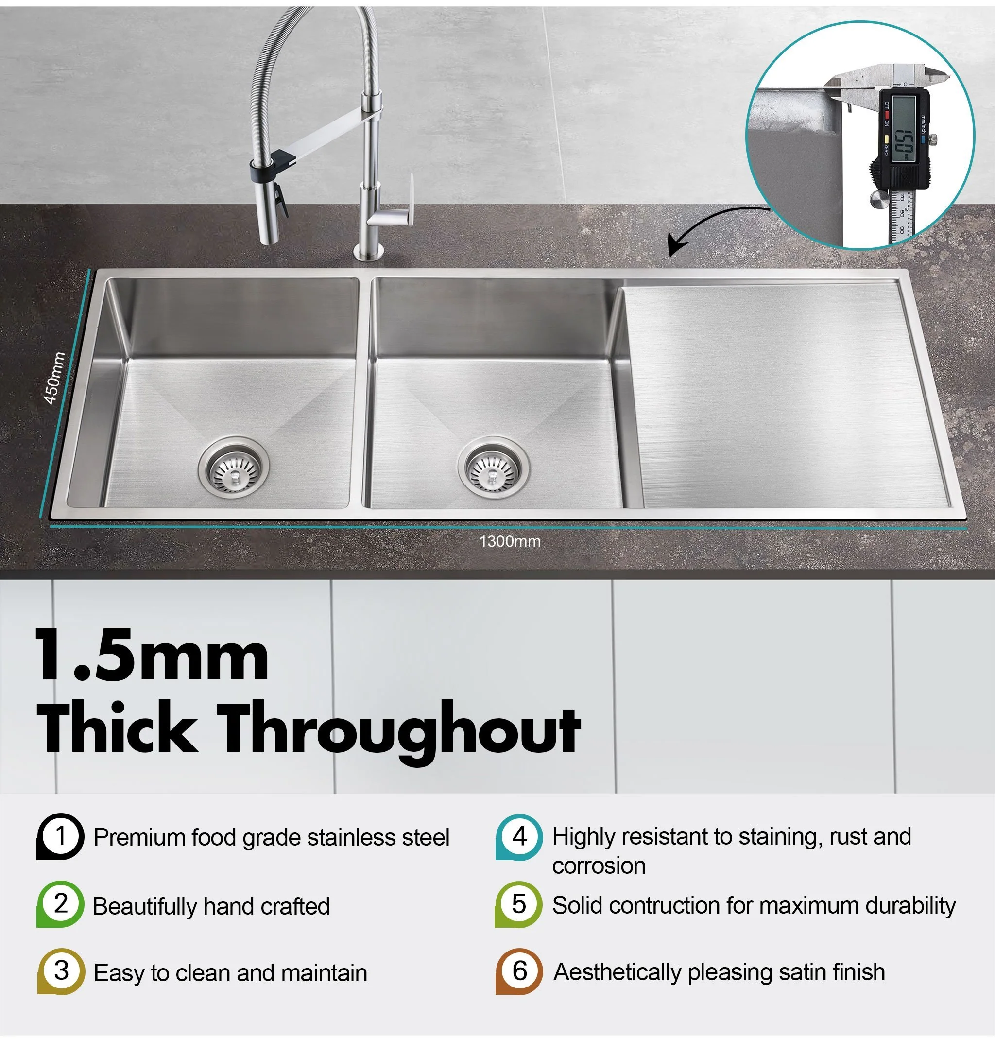ULTIMO 1.5mm 1300W x 450D Double Bowl Sink with Drainer - SSD1345 - Image 3