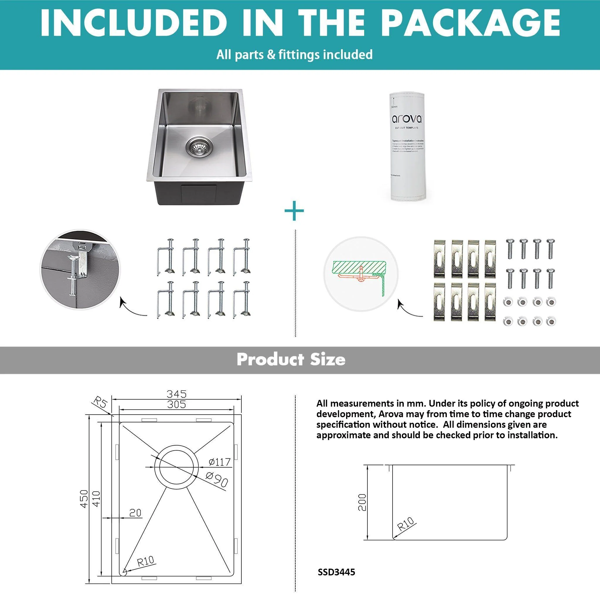 ULTIMO 1.5mm 340W x 450D Single Bowl Square Sink - SSD3445 - Image 11