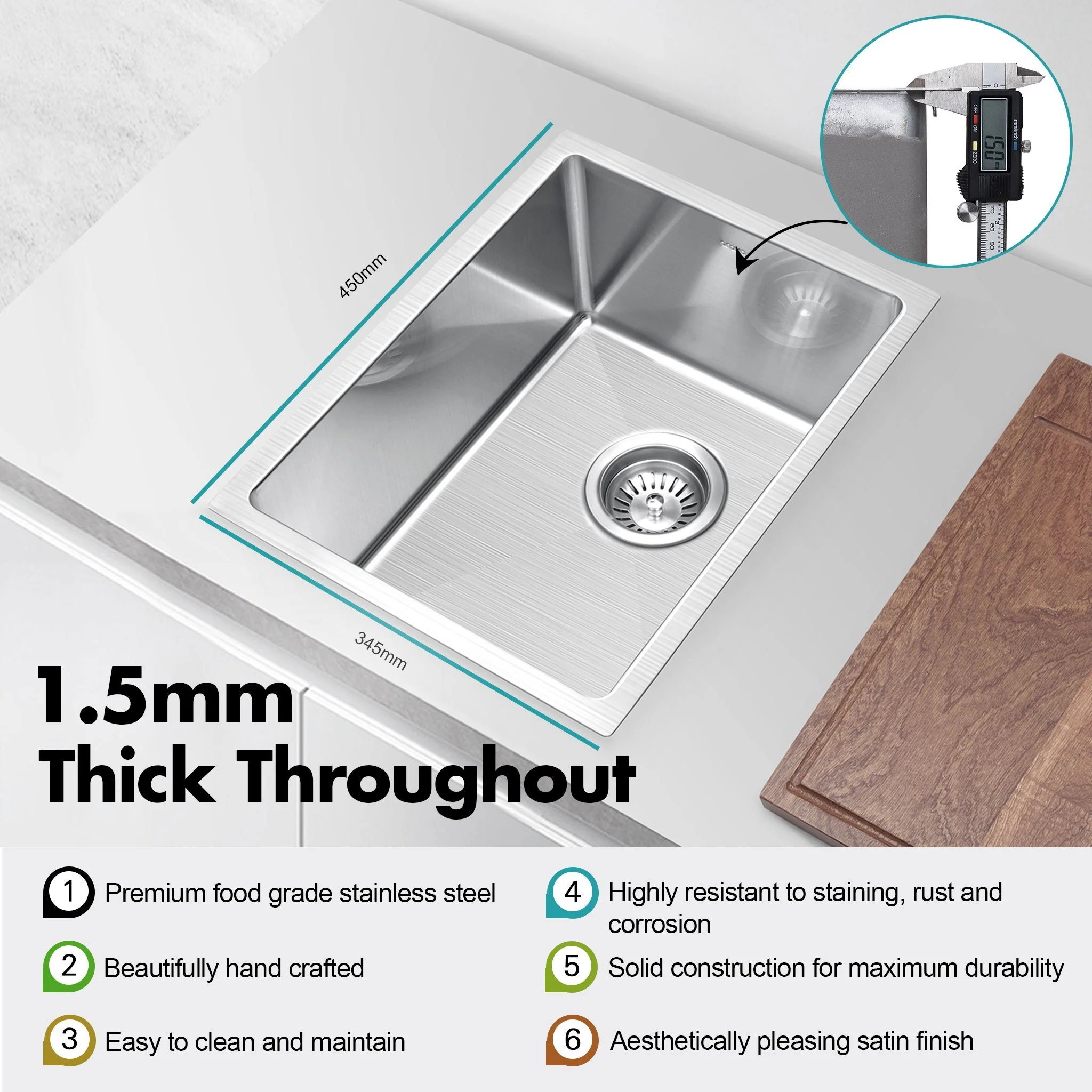 ULTIMO 1.5mm 340W x 450D Single Bowl Square Sink - SSD3445 - Image 3