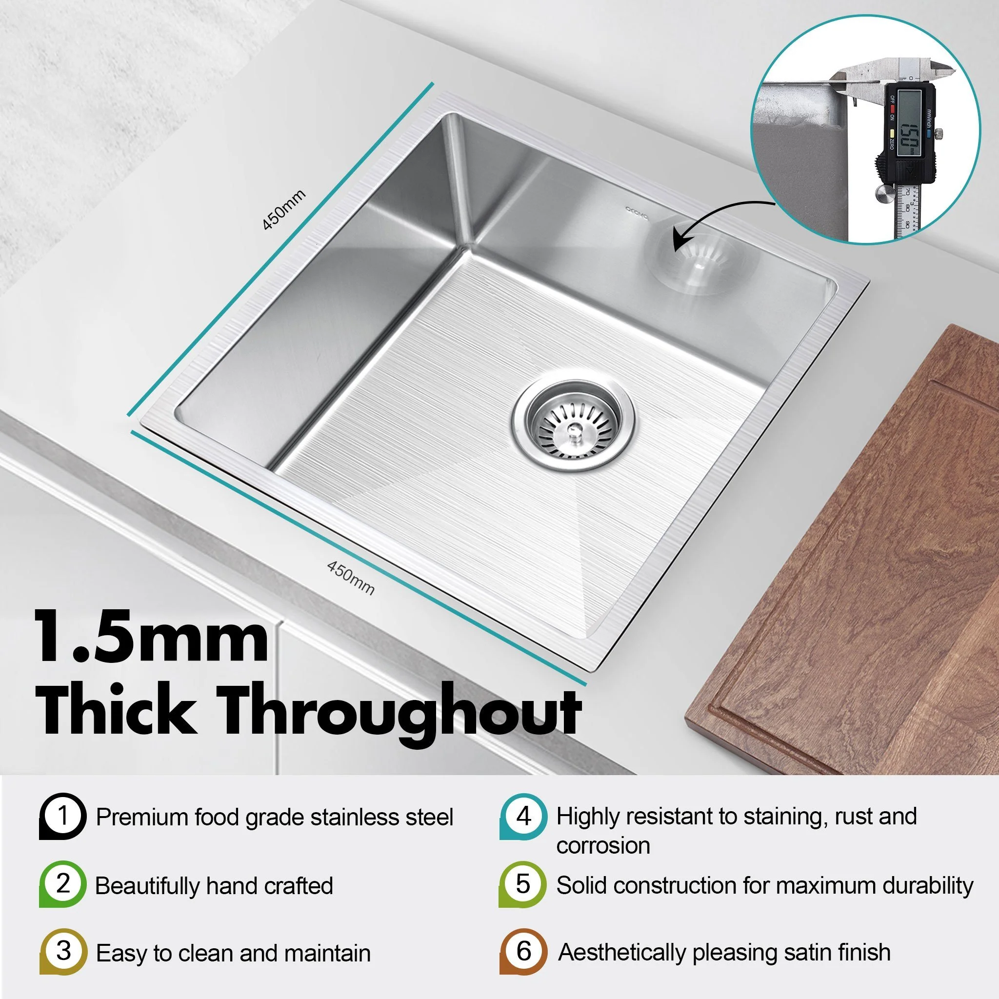 ULTIMO 1.5mm 450mm Medium Bowl Kitchen & Laundry Sink - Image 3