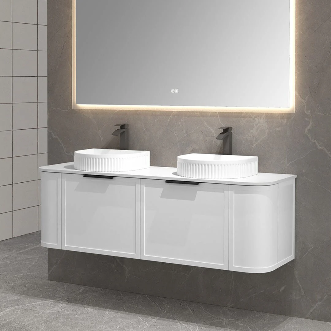 Clearance - York 1500mm Curved Wall Hung Vanity Matte White Double Bowls - Image 11