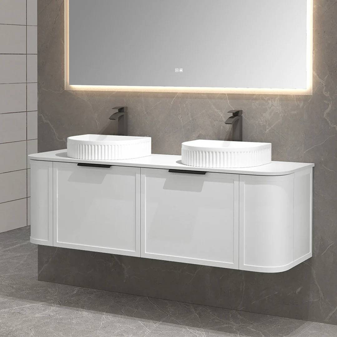 Clearance - York 1500mm Curved Wall Hung Vanity Matte White Double Bowls - Image 10